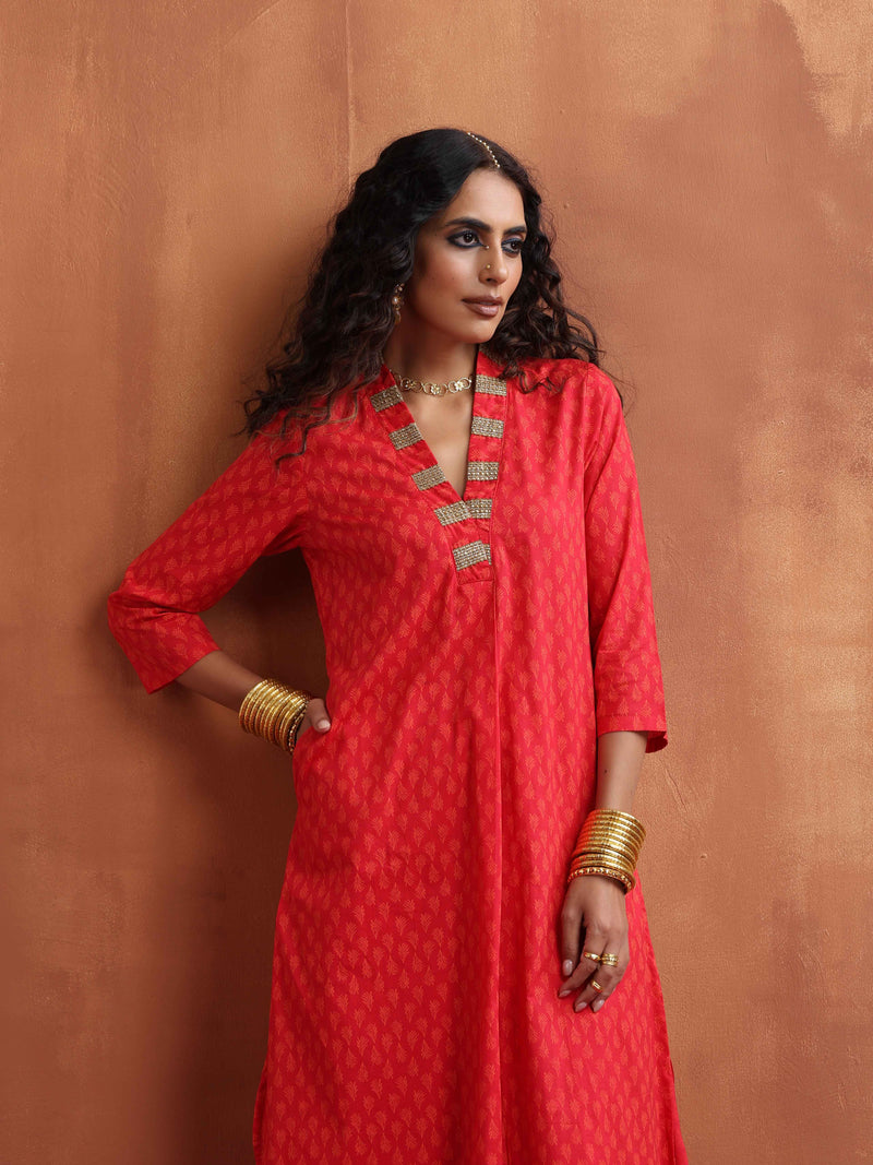 trueBrowns Red Print A-line Kurta Set