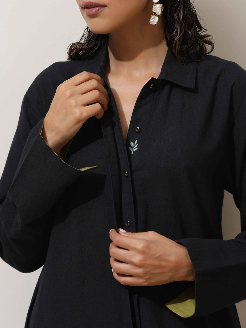 trueBrowns Black Cotton Linen Kurta Pant Set
