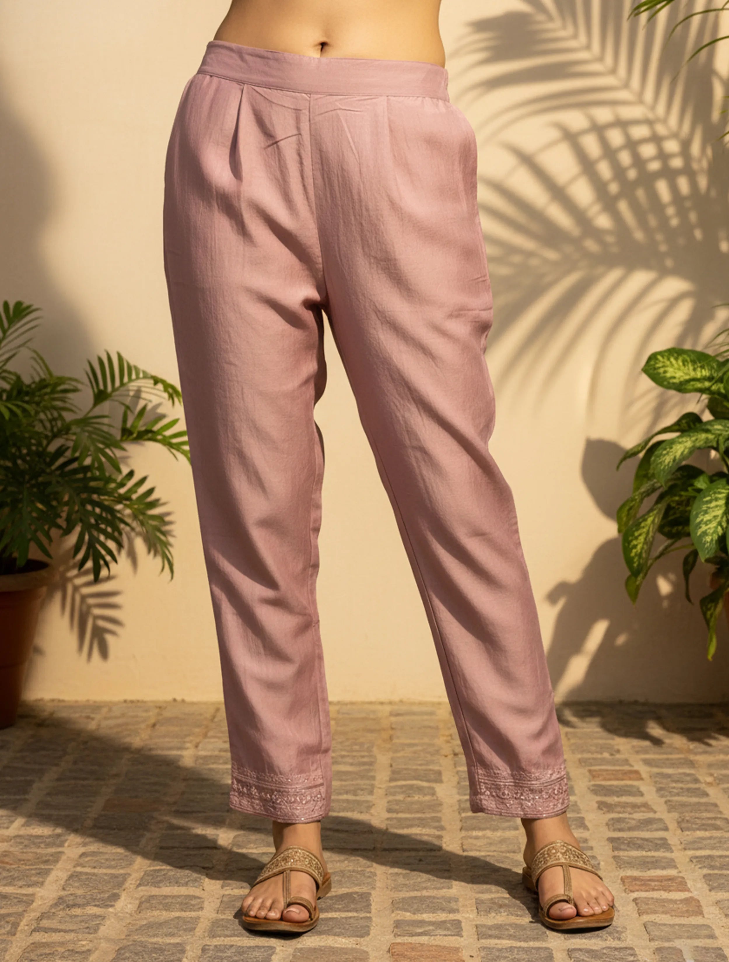 trueBrowns Light Pink Embroidered Straight Kurta Dupatta Set