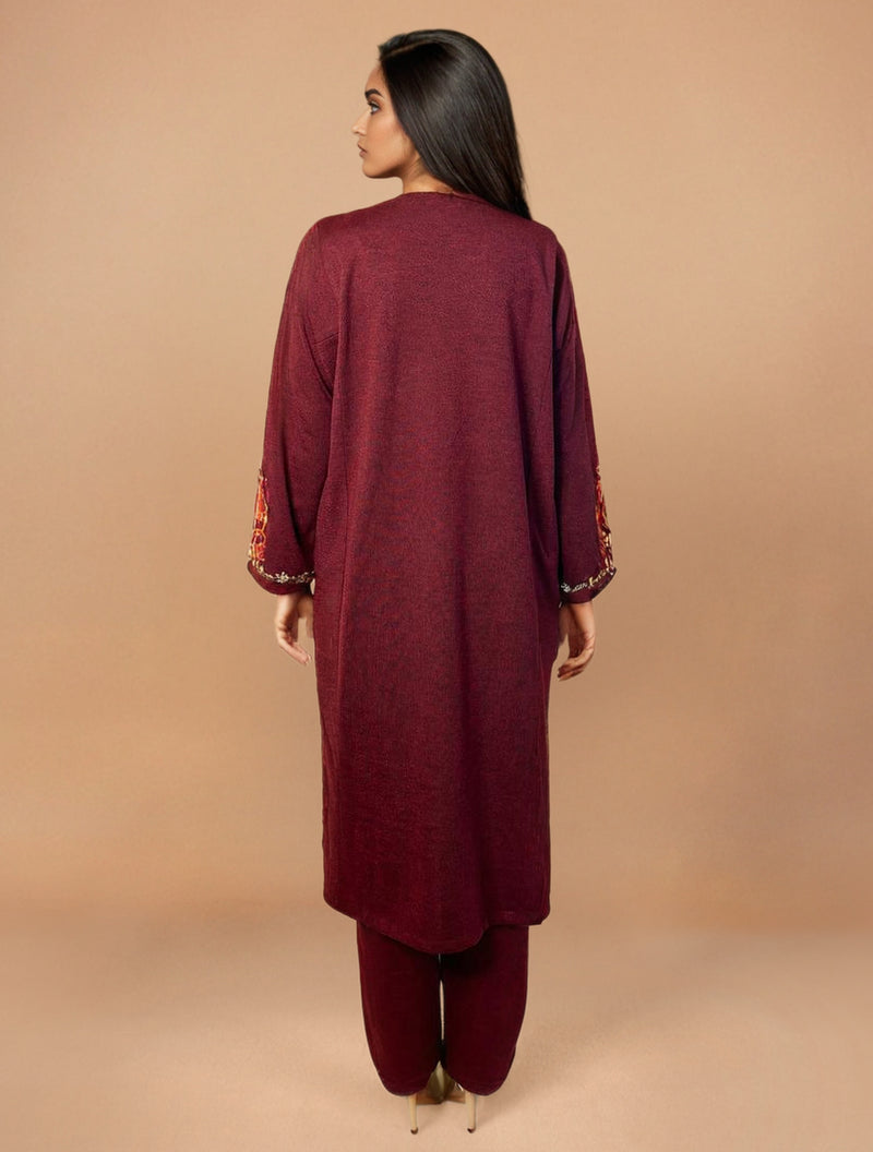 trueBrowns Maroon Embroidered Woollen Phiran Kurta Set