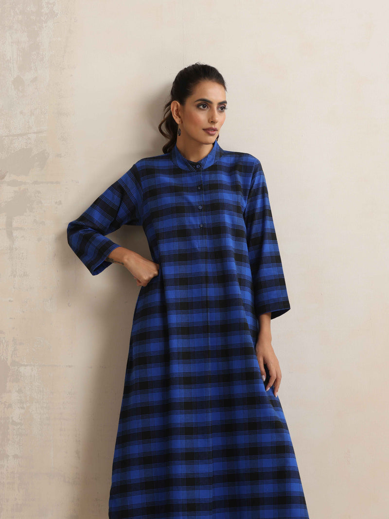 trueBrowns Blue Check Flared Winter Dress