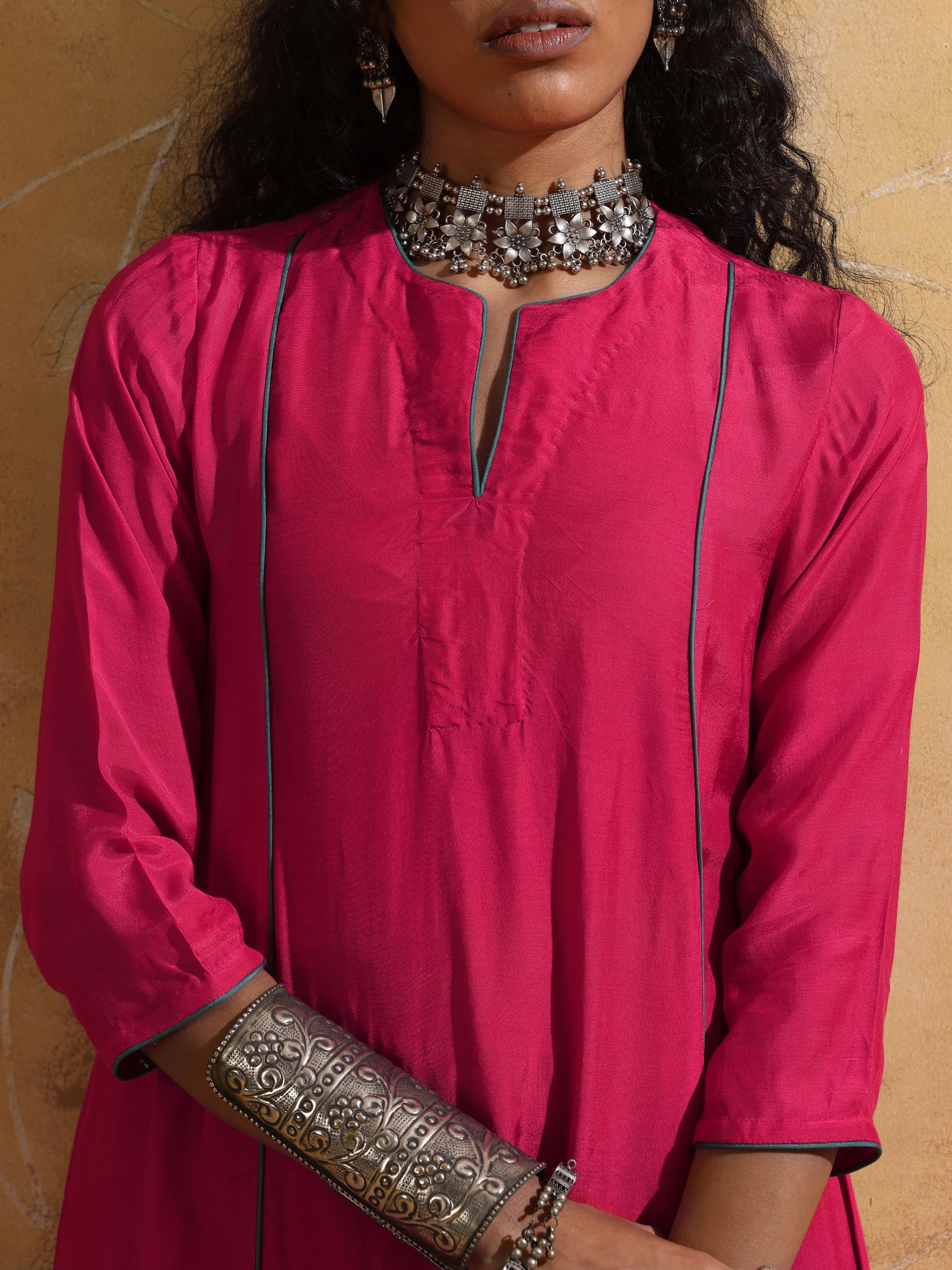 trueBrowns Pink Muslin Silk A-Line Kurta Co-ord Set