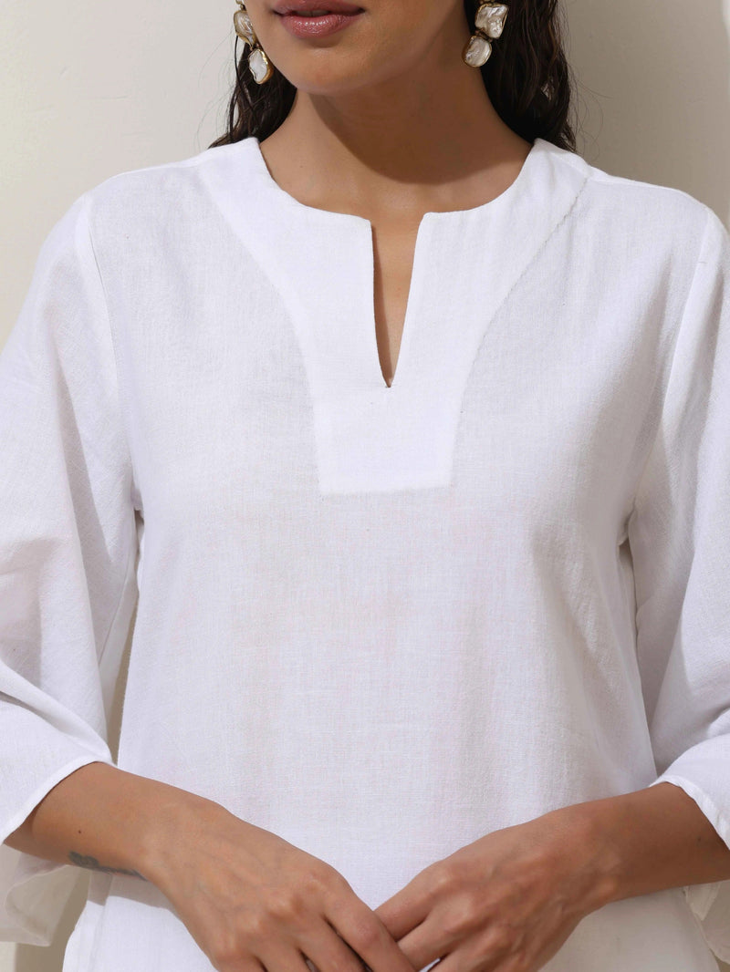 trueBrowns Off White Cotton Linen Angrakha Kurta Pant Set