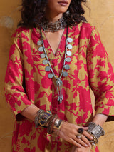 trueBrowns Red Mustard Jaal Print Muslin SIlk A-Line Co-ord Set