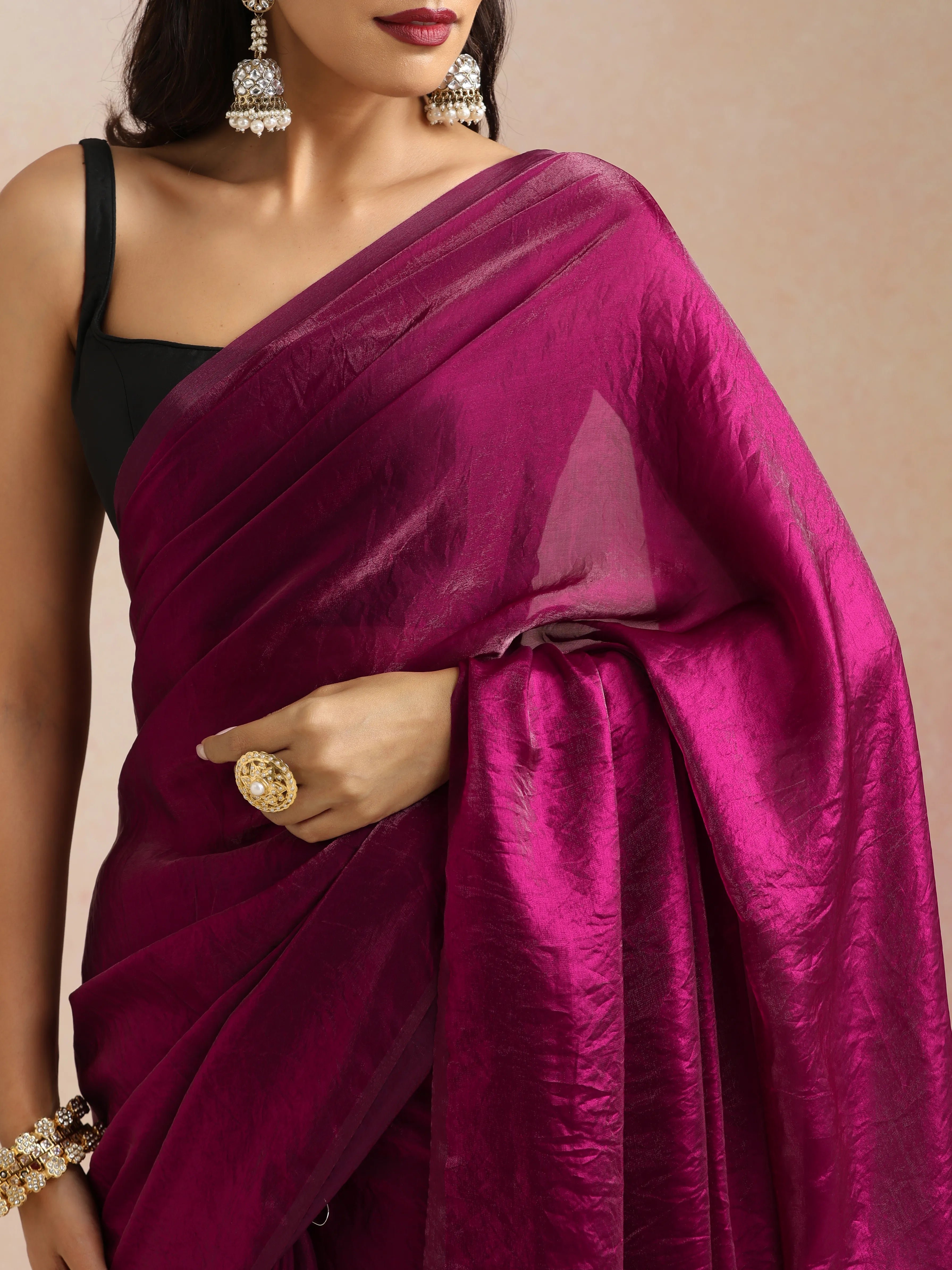 trueBrowns Wine Tissue Saree With Unstitched Blouse