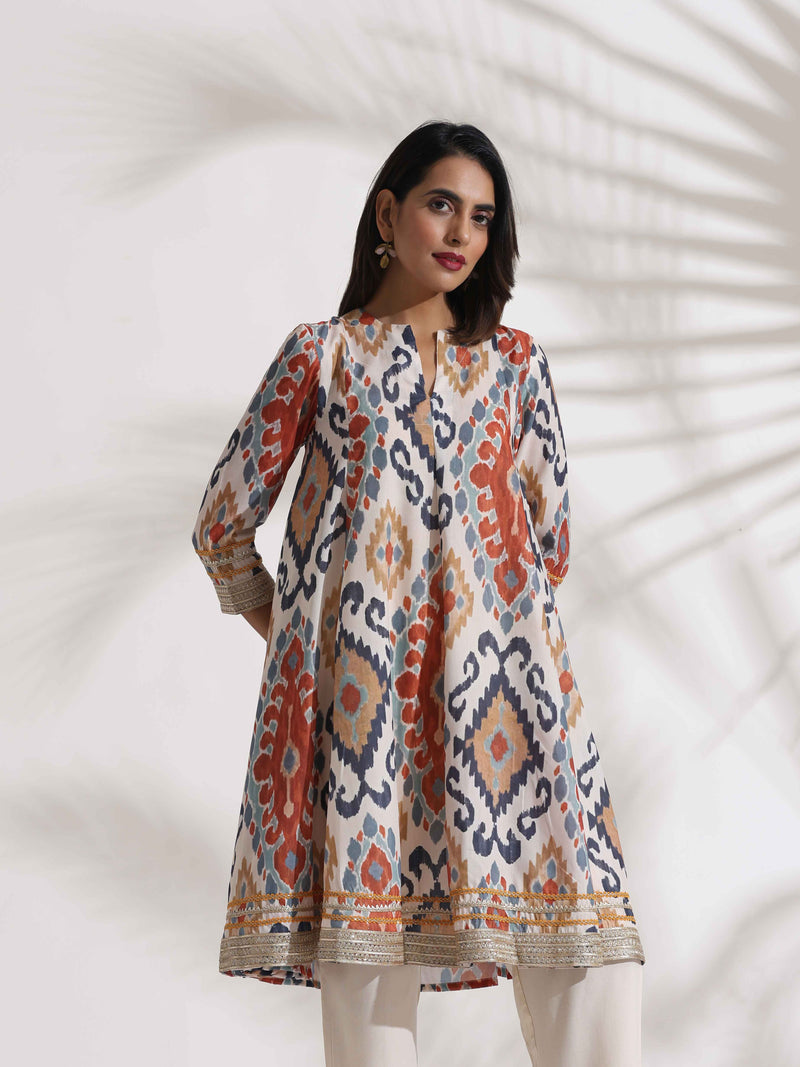 trueBrowns Off White Ikat Print Anarkali Kurta Co-ord Set