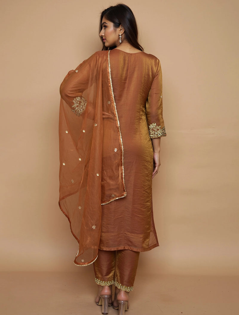 trueBrowns Brown All Over Embroidered Tissue Straight Kurta 3pc Set