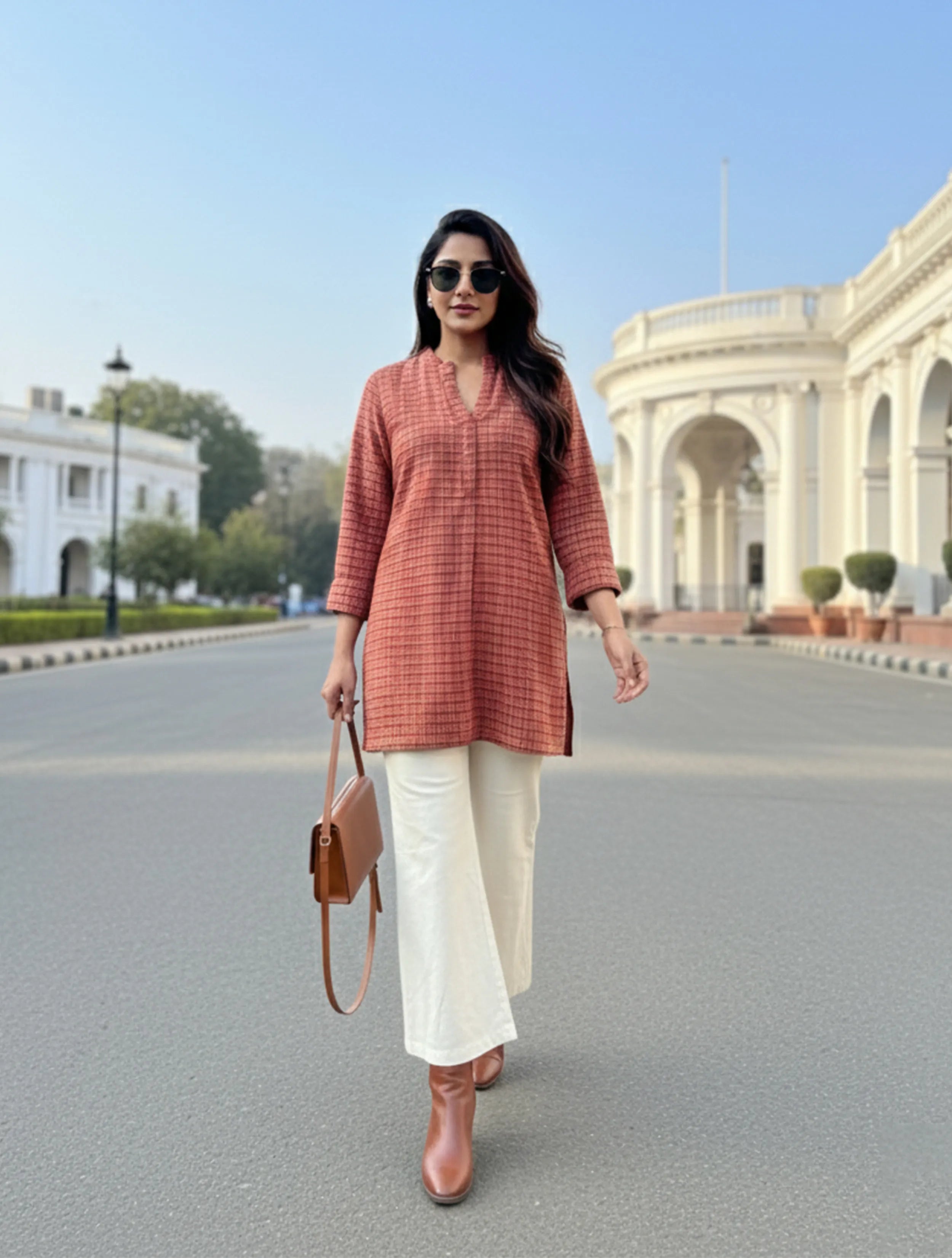 trueBrowns Rust Check Round V-Neck Woollen Top