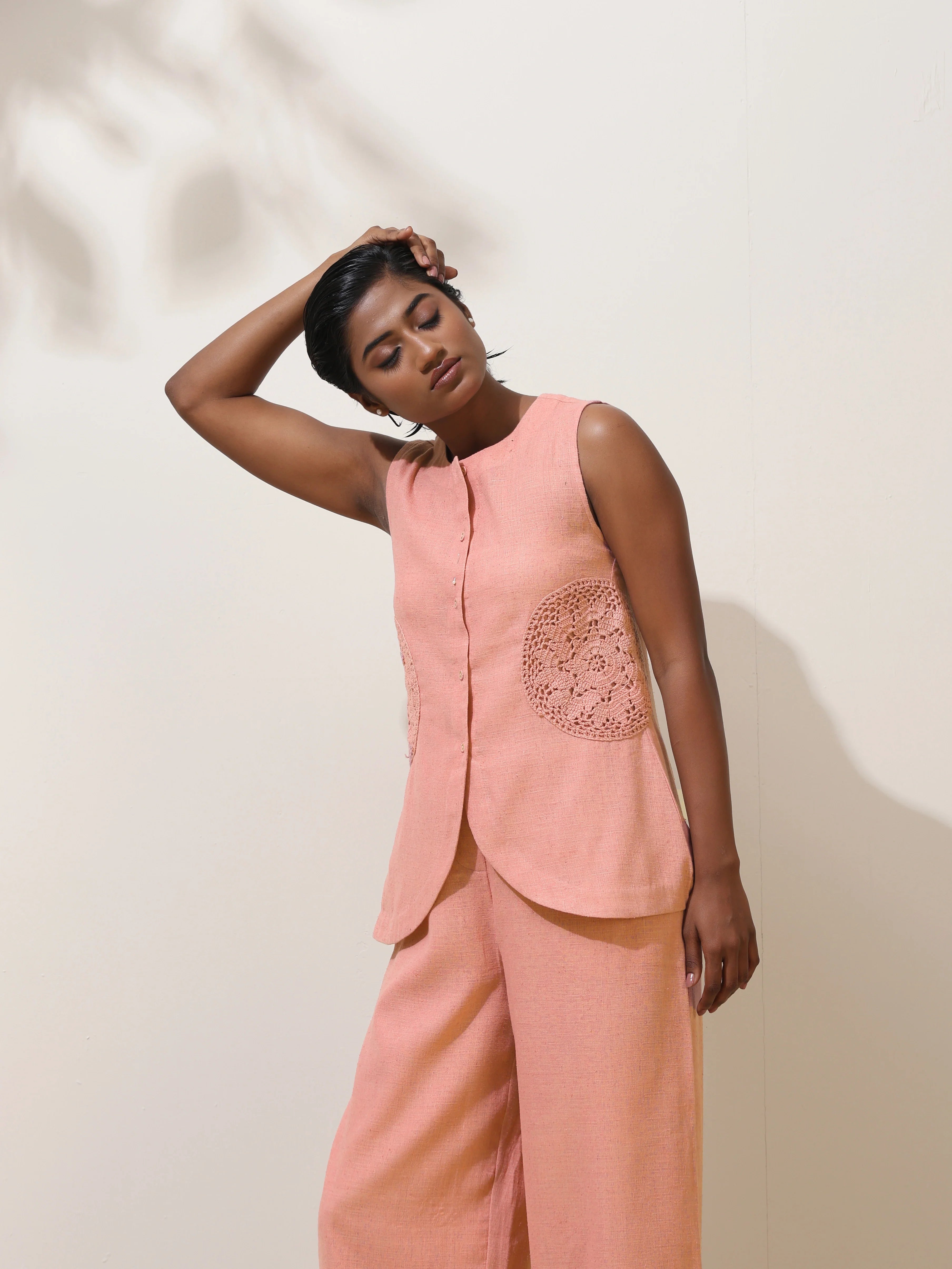 trueBrowns Camellia Pink Crochet Natural Cotton Co-ord Set