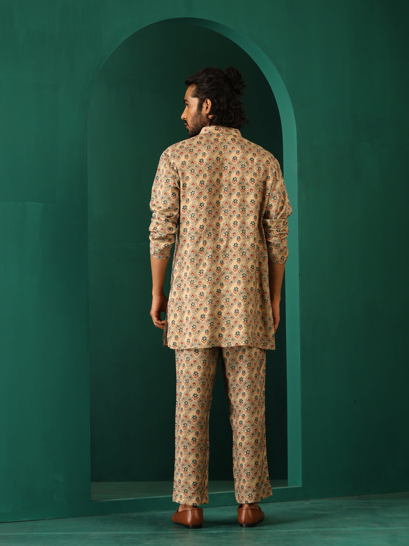 trueBrowns Men's Beige Geometric Muslin Silk Printed Co-ord Set