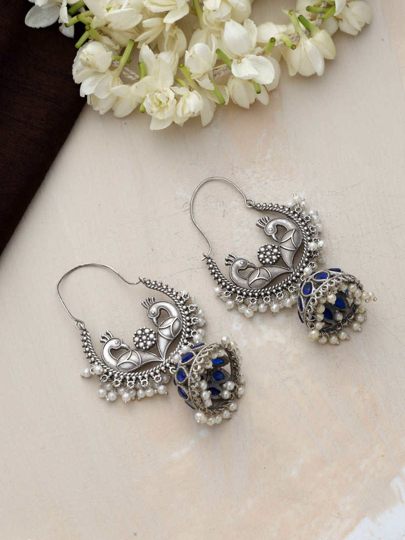 trueBrowns Silver Tone Peacock Jhumka Earrings