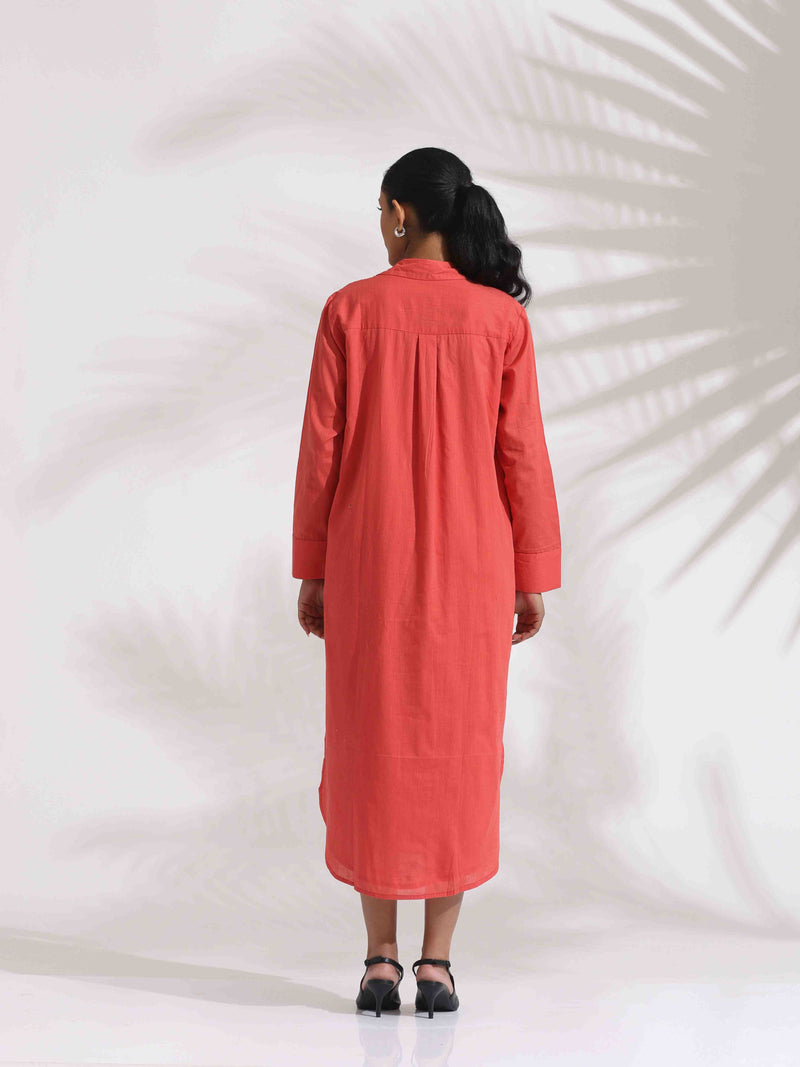 trueBrowns Orange Cotton Embroidered Flared Dress