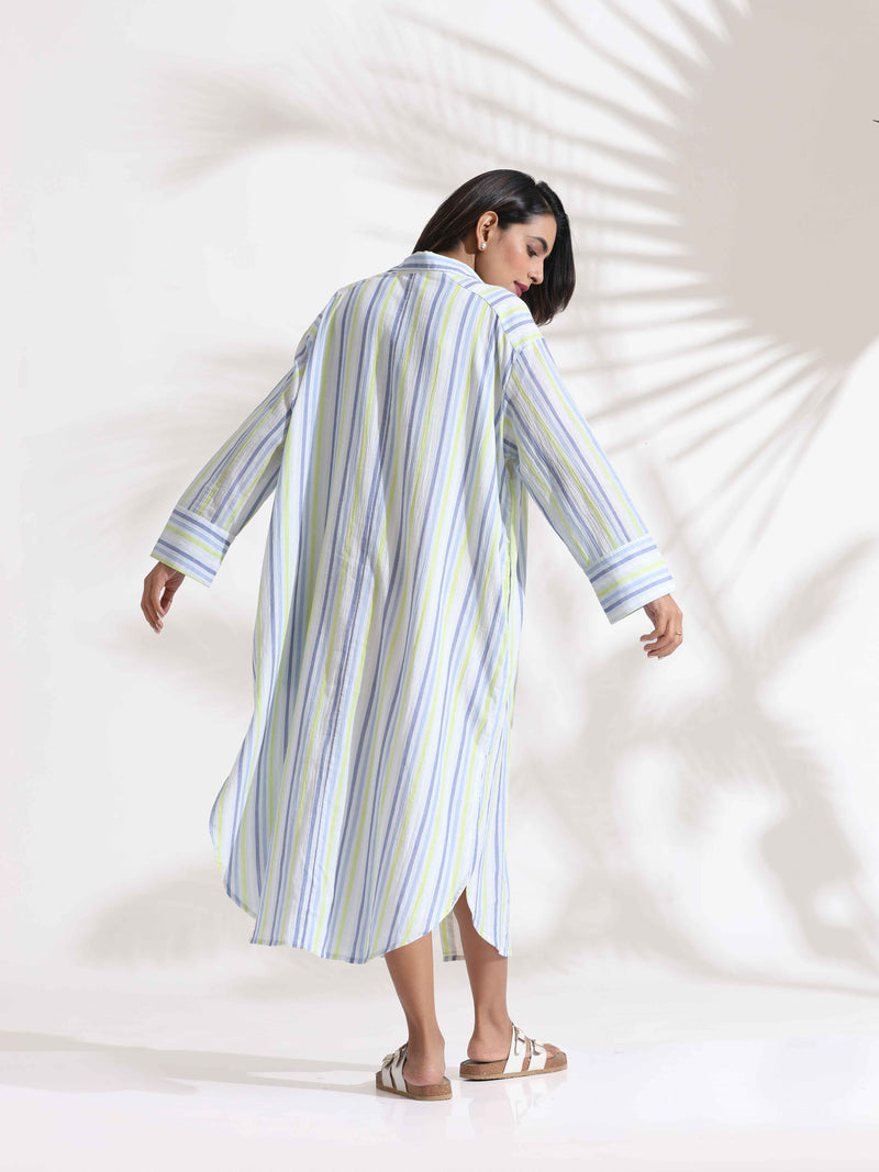 trueBrowns White Cotton Multi Stripe Shirt Dress