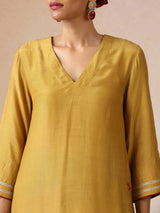 trueBrowns Mustard Gold Foil Print Muslin Silk Kurta Farsi Pants Set