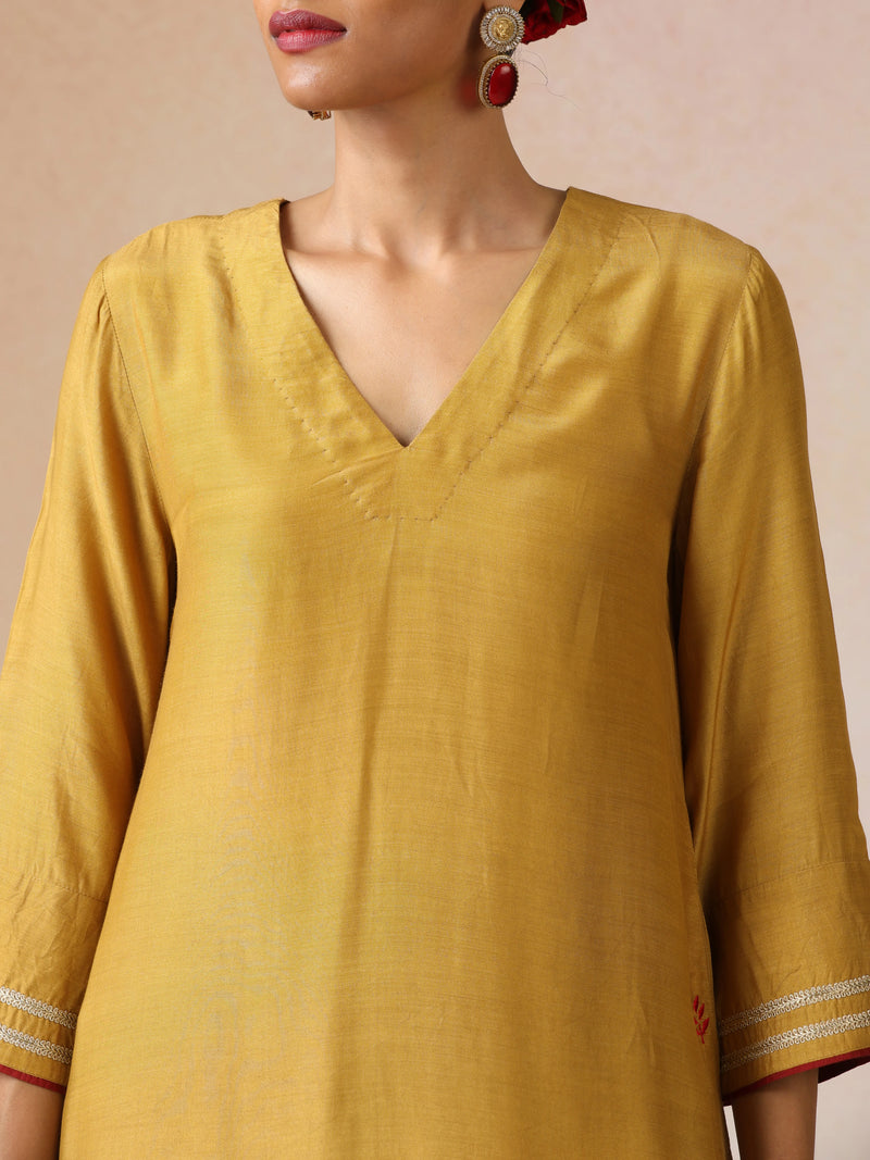trueBrowns Mustard Gold Foil Print Muslin Silk Kurta Farsi Pants Set