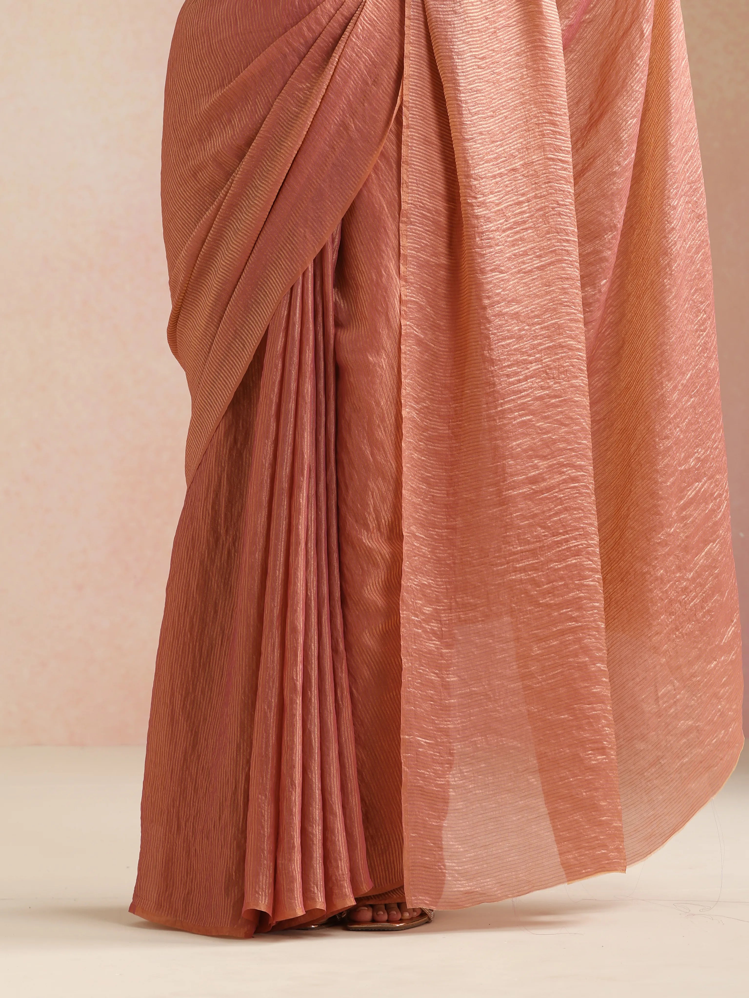 trueBrowns Peach Copper Tissue Saree With Unstitched Blouse