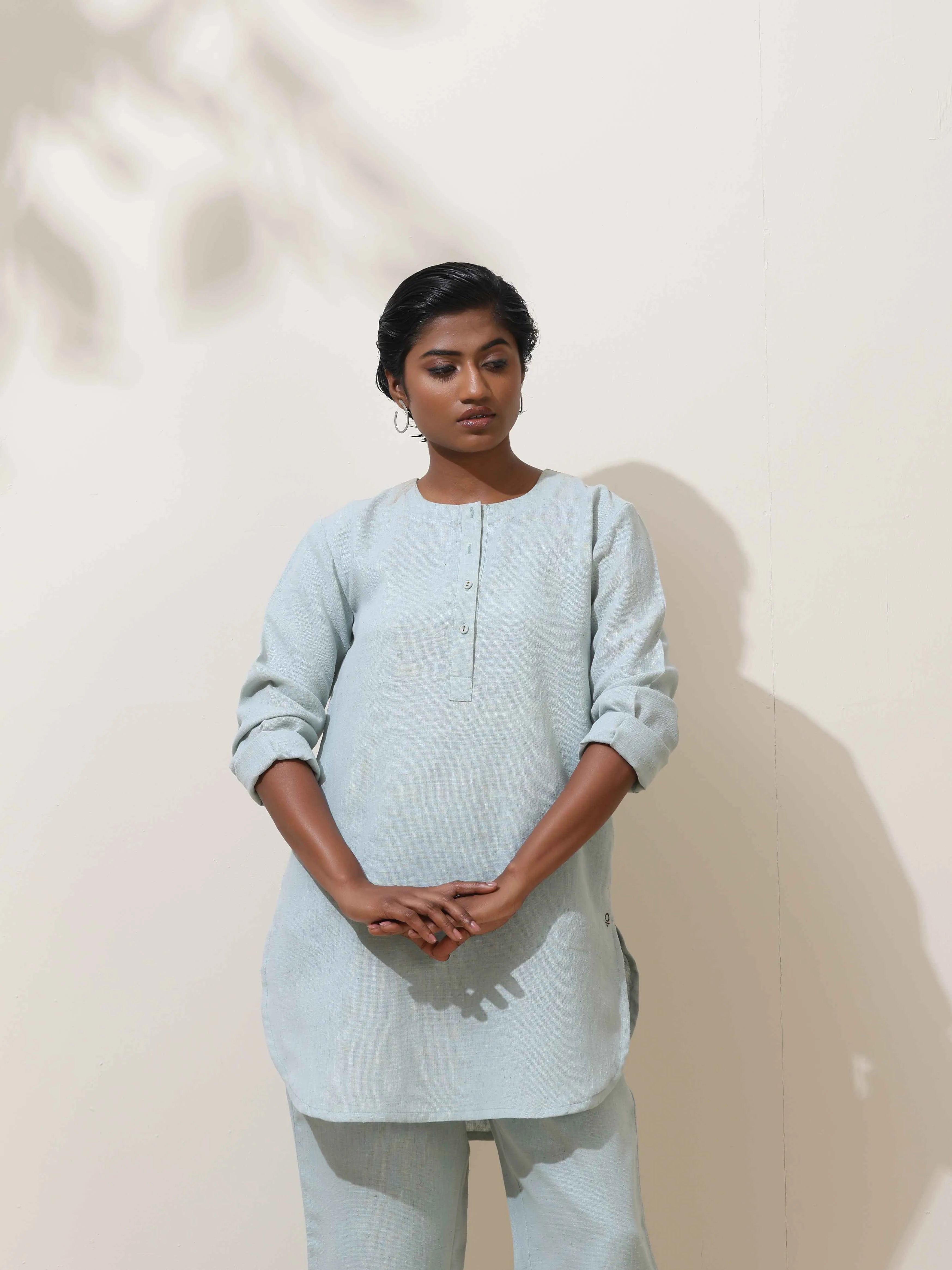 trueBrowns Ciel Blue Crochet Natural Cotton Kurta Co-ord Set