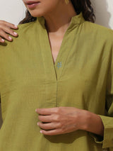 trueBrowns Pear Green Cotton Linen Kurta Pant Set