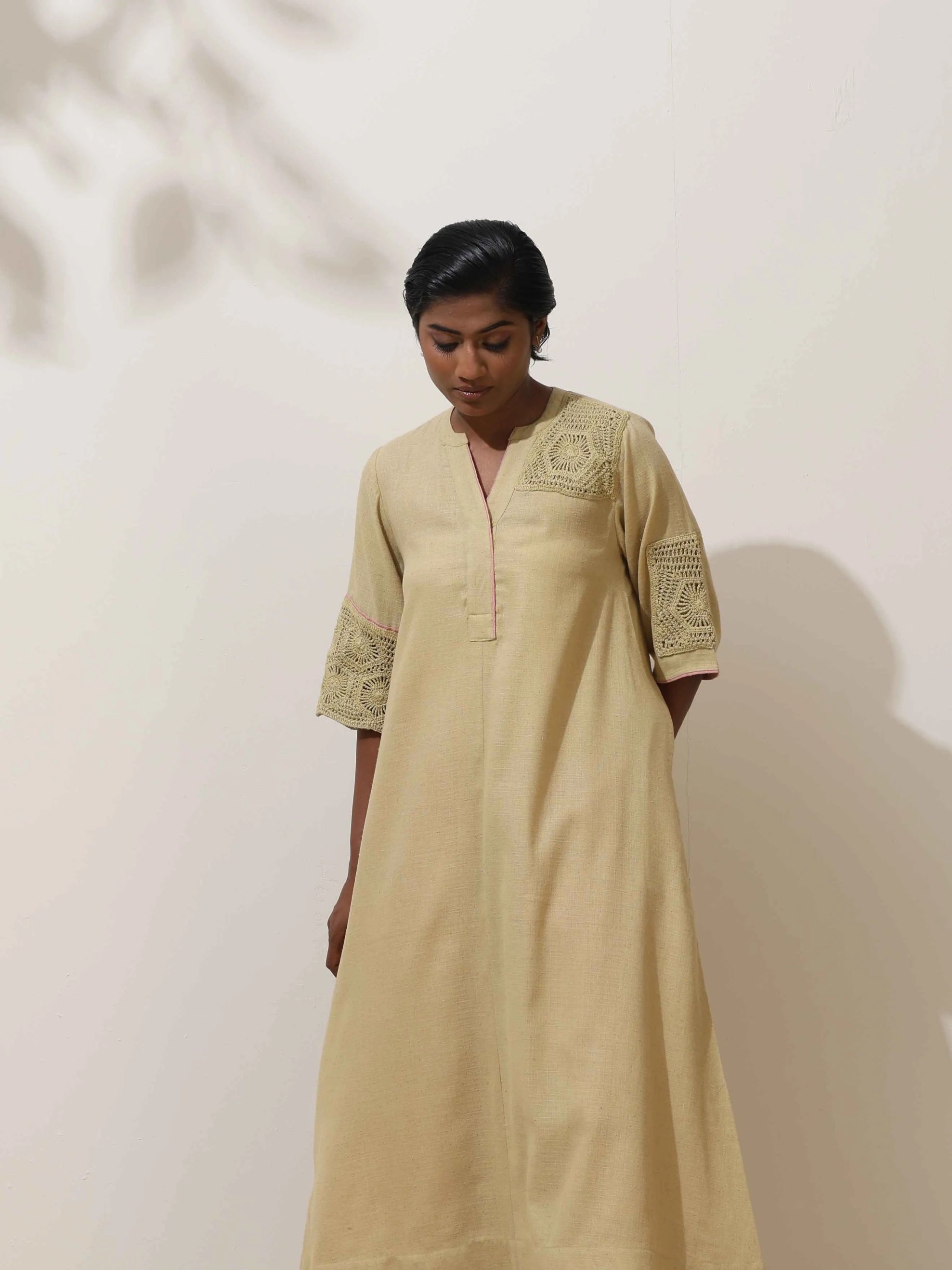 trueBrowns Souk Yellow Crochet Natural Cotton Kurta Pant Set