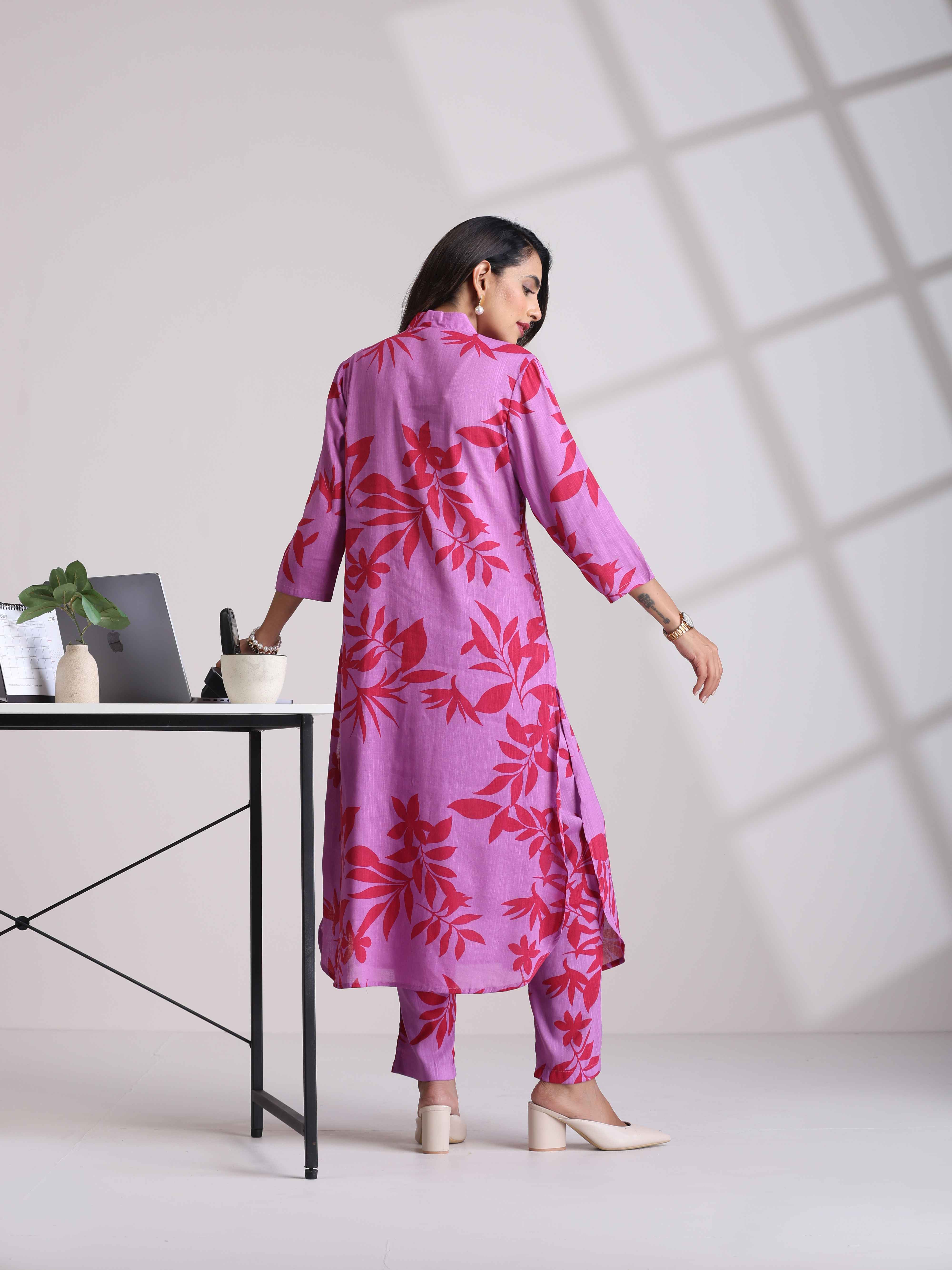 trueBrowns Purple Print Straight Kurta Set