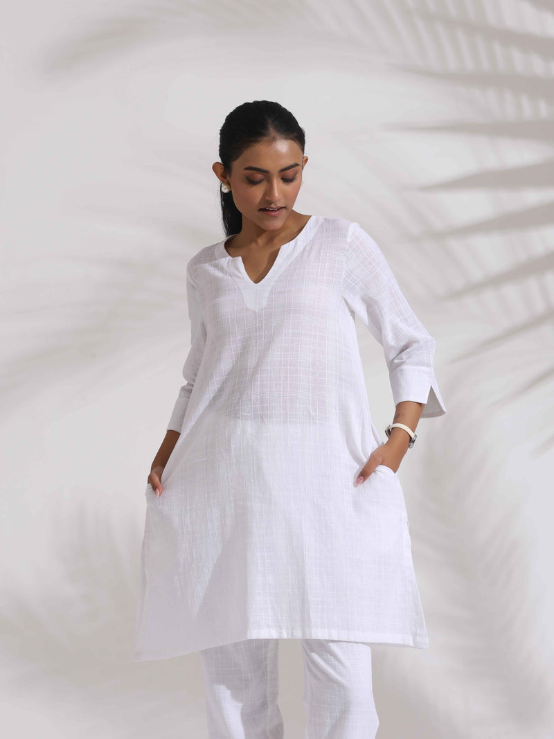 trueBrowns White Cotton Check Kurta Co-ord Set