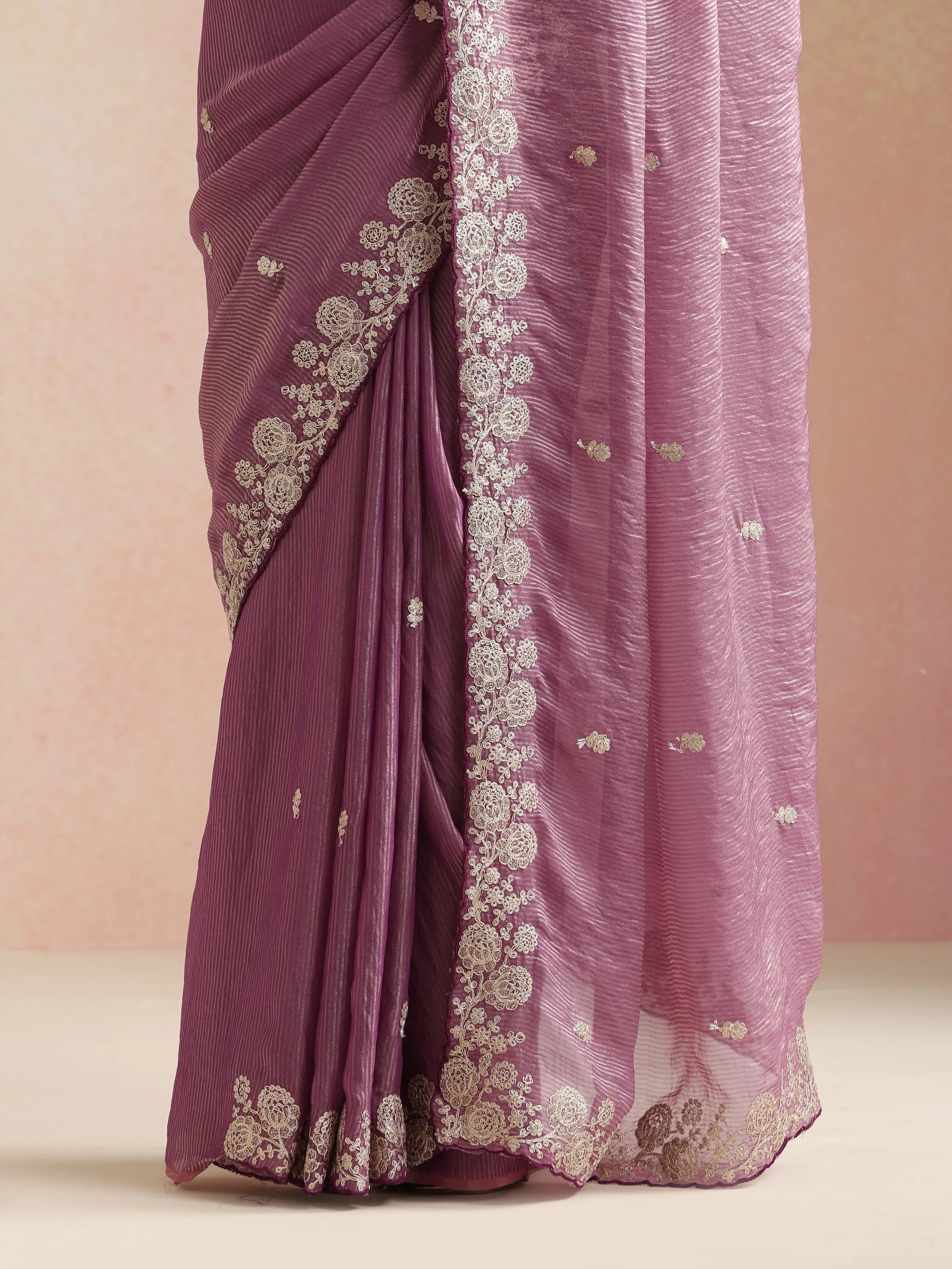 trueBrowns Purple Tissue Stripe Embroidery Weave Saree With Unstitched Blouse