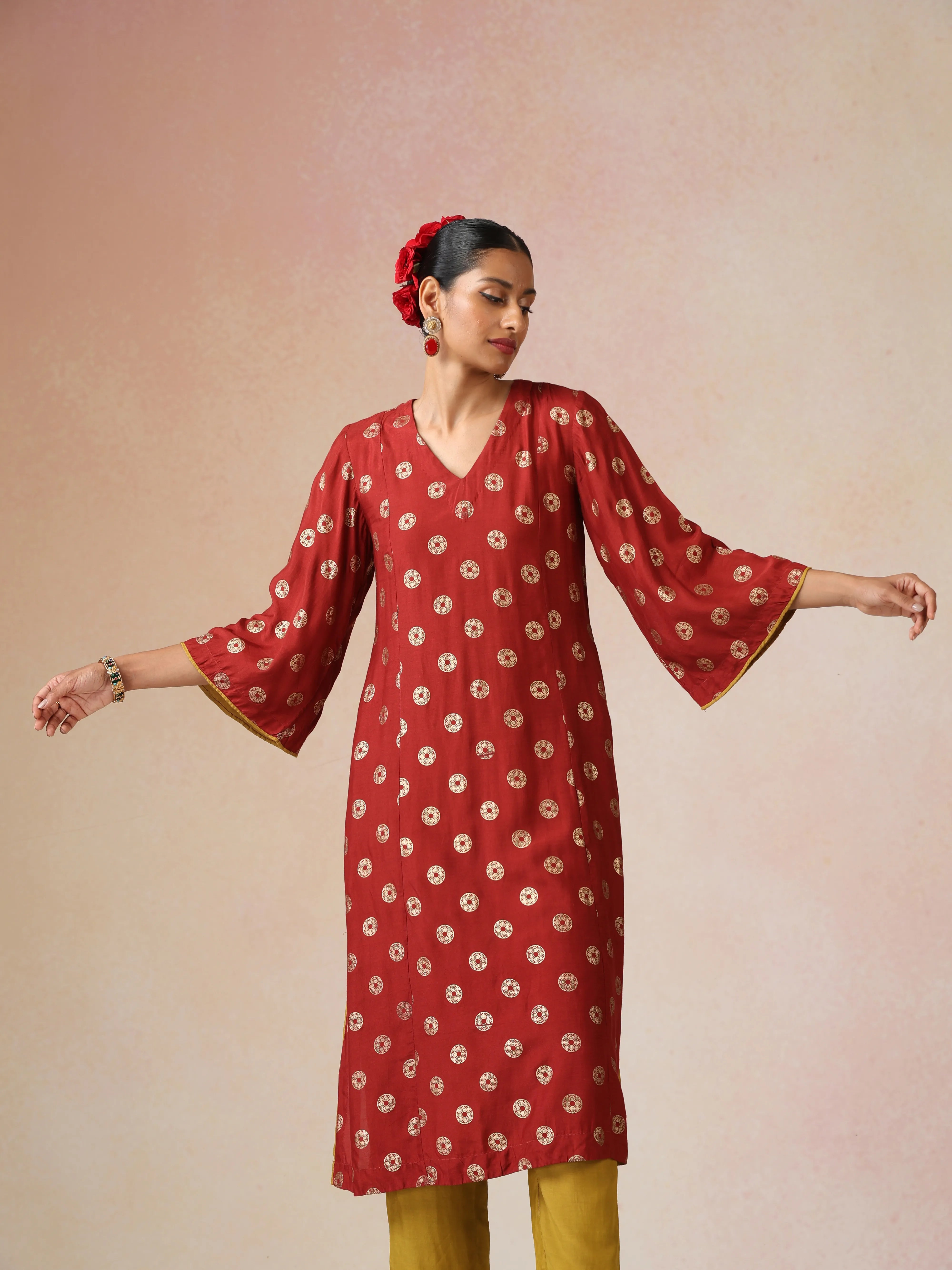 trueBrowns Red Gold Foil Print Muslin Silk A-line Kurta Set