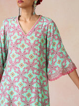 trueBrowns Mint Pink Jaal Print Viscose A-line Kurta Set