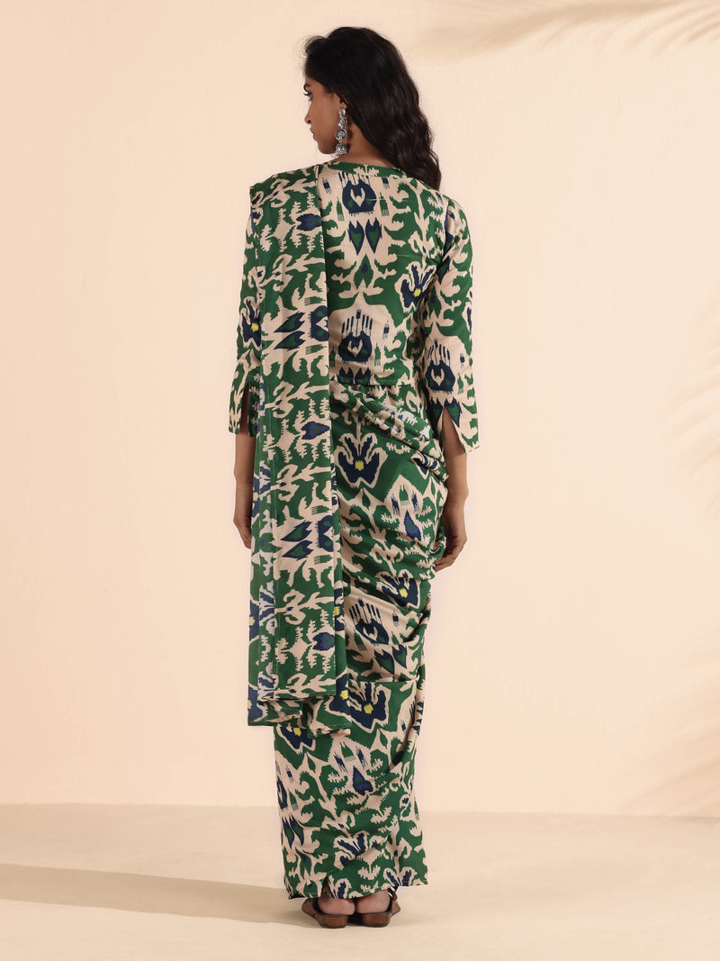 trueBrowns Green Muslin Ikat Saree