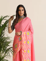 trueBrowns Pink Lime Muslin Ikat Saree