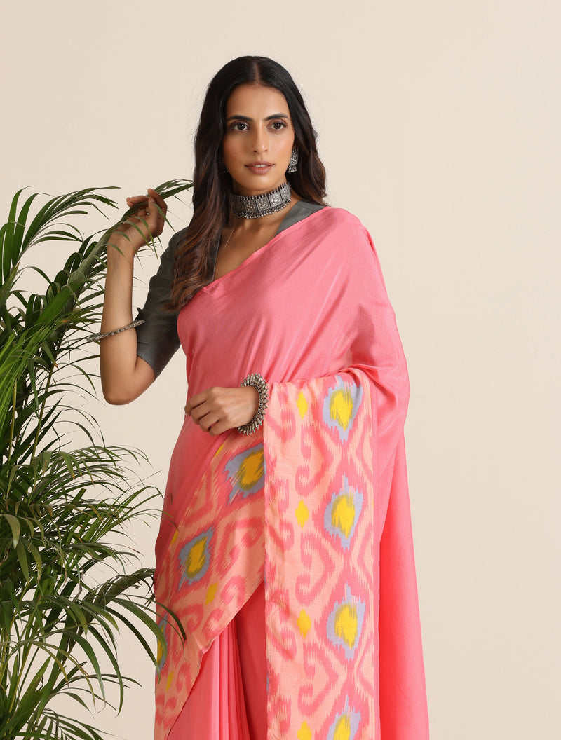trueBrowns Pink Lime Muslin Ikat Saree