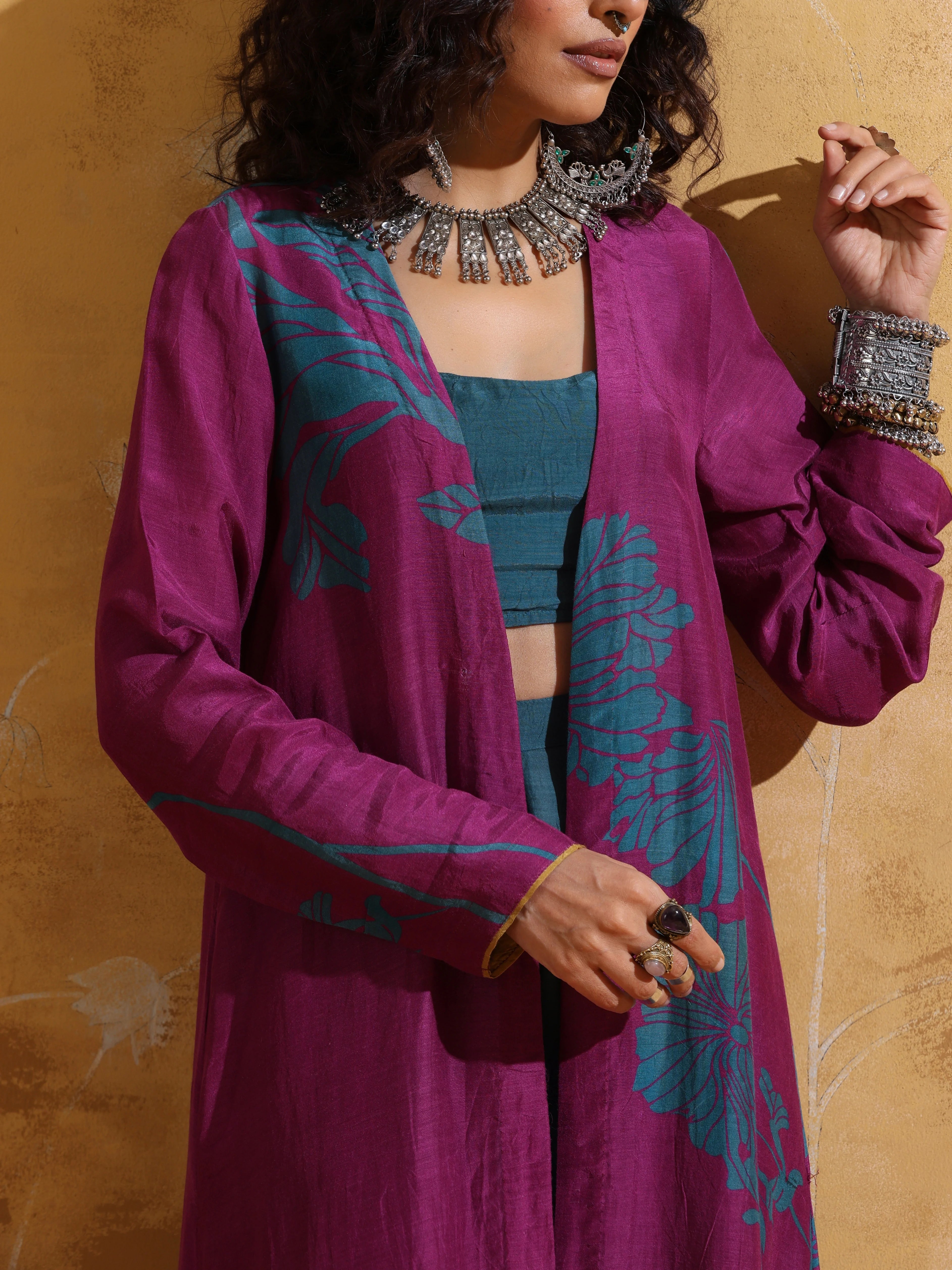 trueBrowns Purple Teal Print Muslin Silk Jacket Set