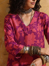 trueBrowns Purple Peach Jaal Print Muslin Silk High-Slit Kurta Set