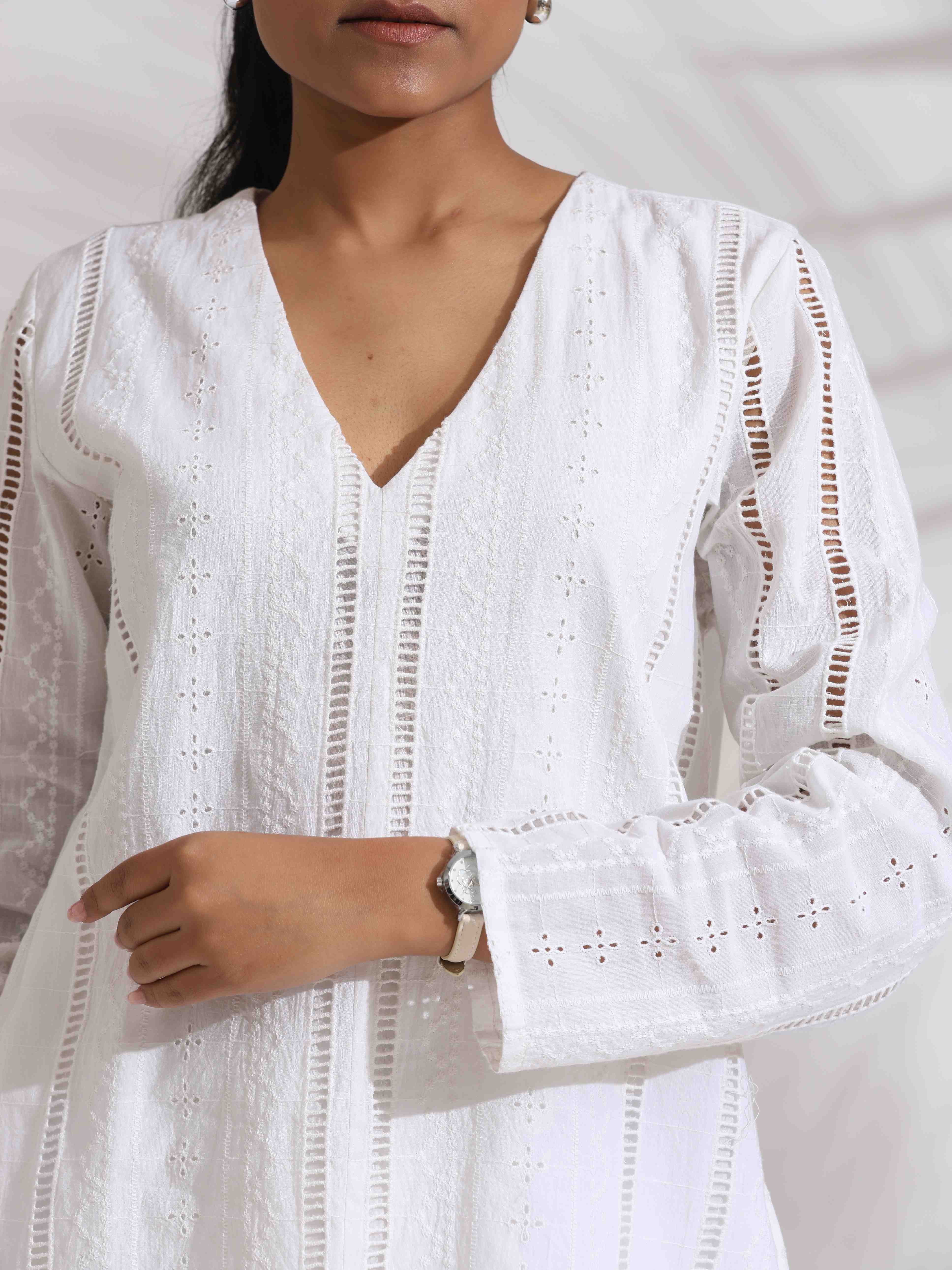 trueBrowns White Cotton Schiffli Co-ord Set