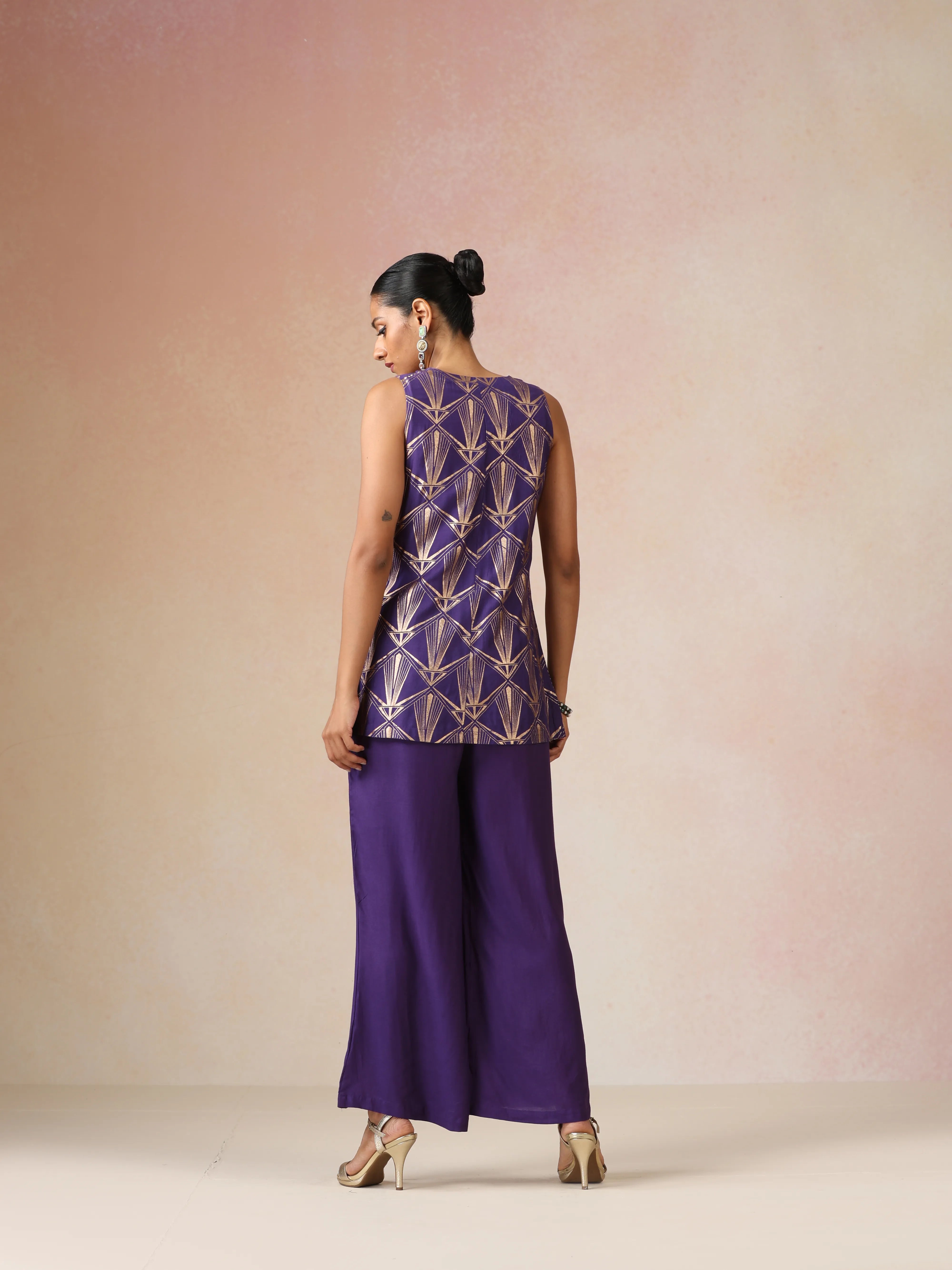 trueBrowns Purple Rose-Gold Foil Print Jacket and Flared Pants Co-ord Set