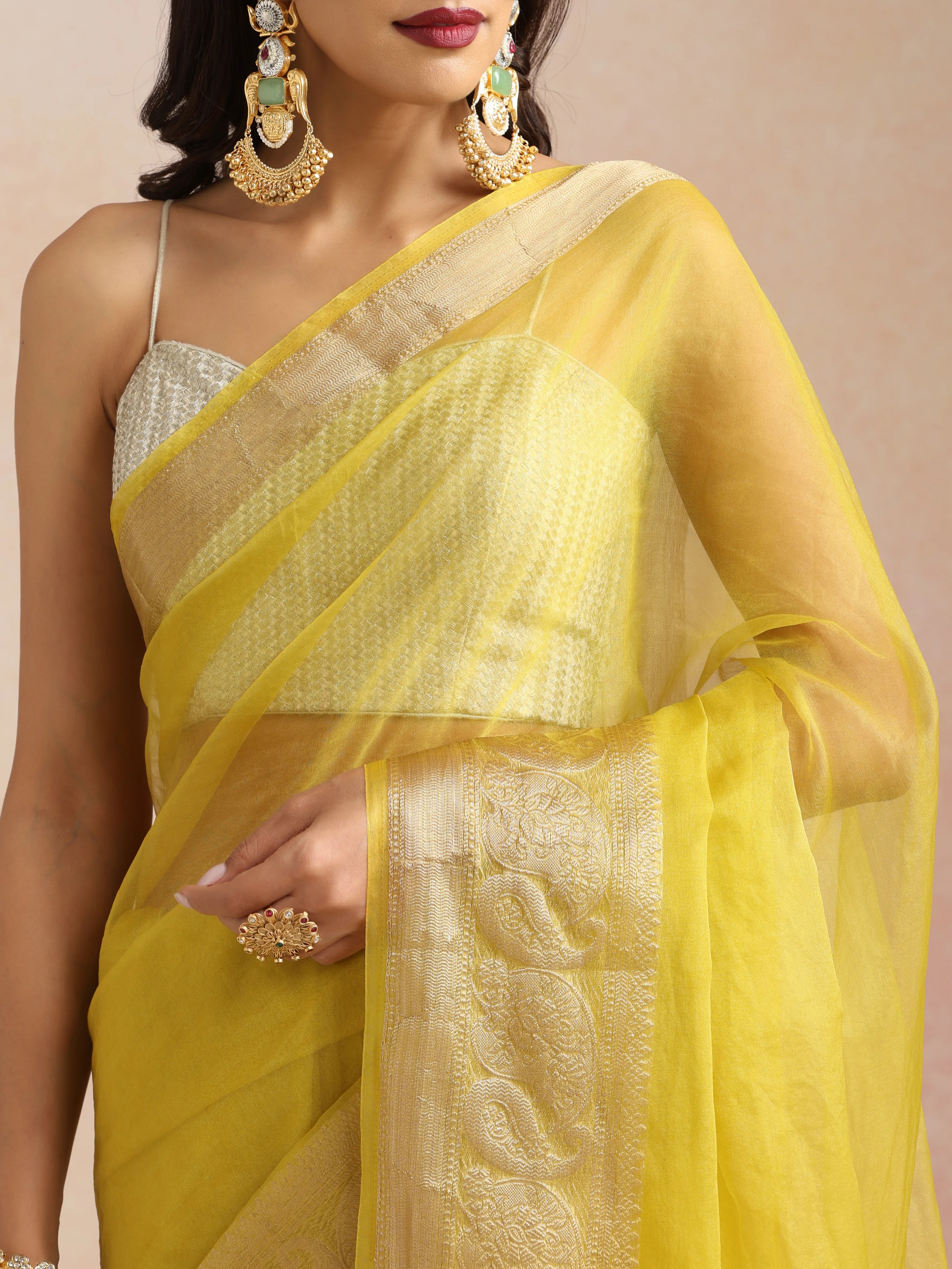 trueBrowns Lime Organza Saree With Unstitched Blouse