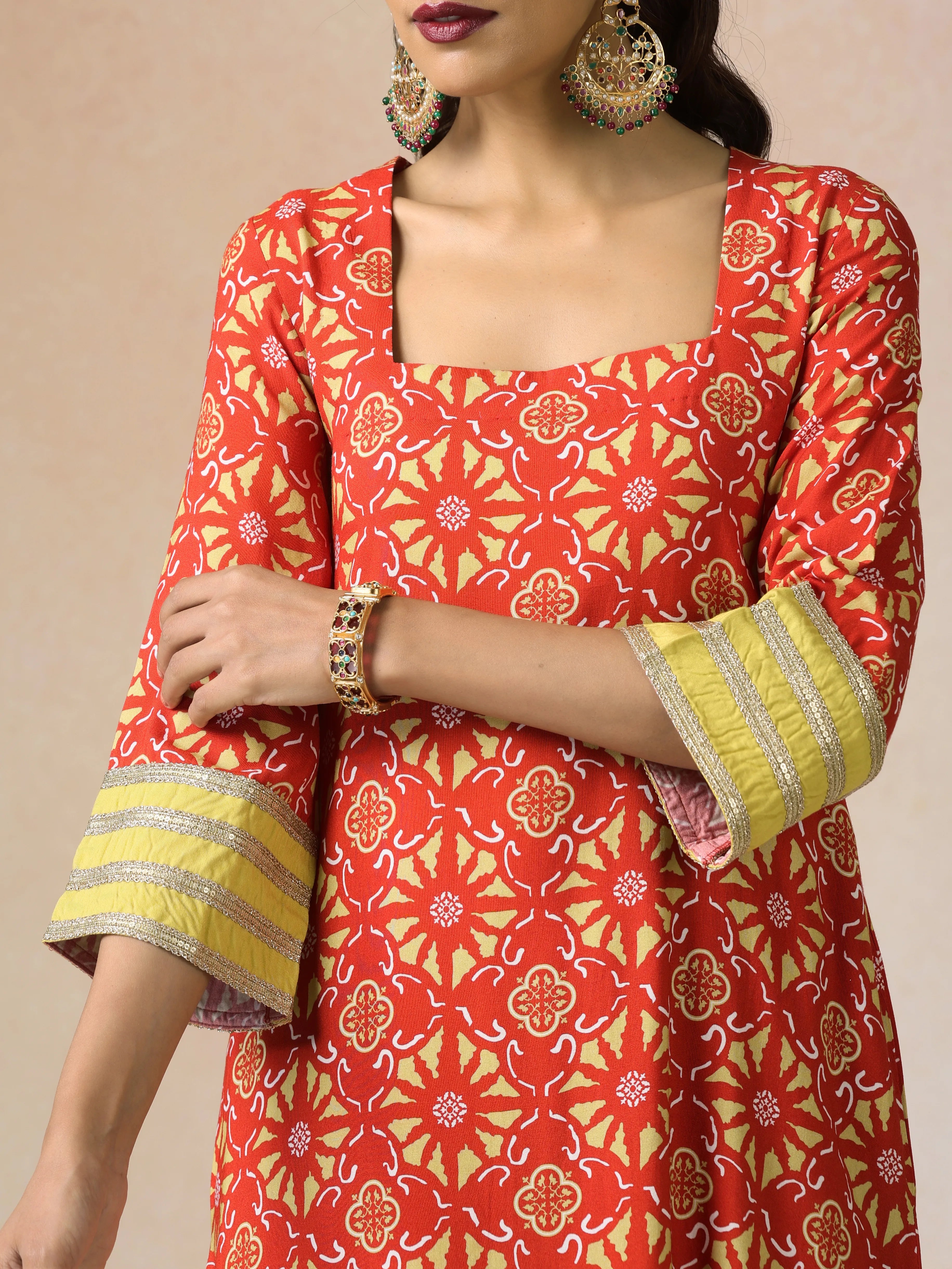 trueBrowns Red Light Green Print Viscose Kurta Sharara Set