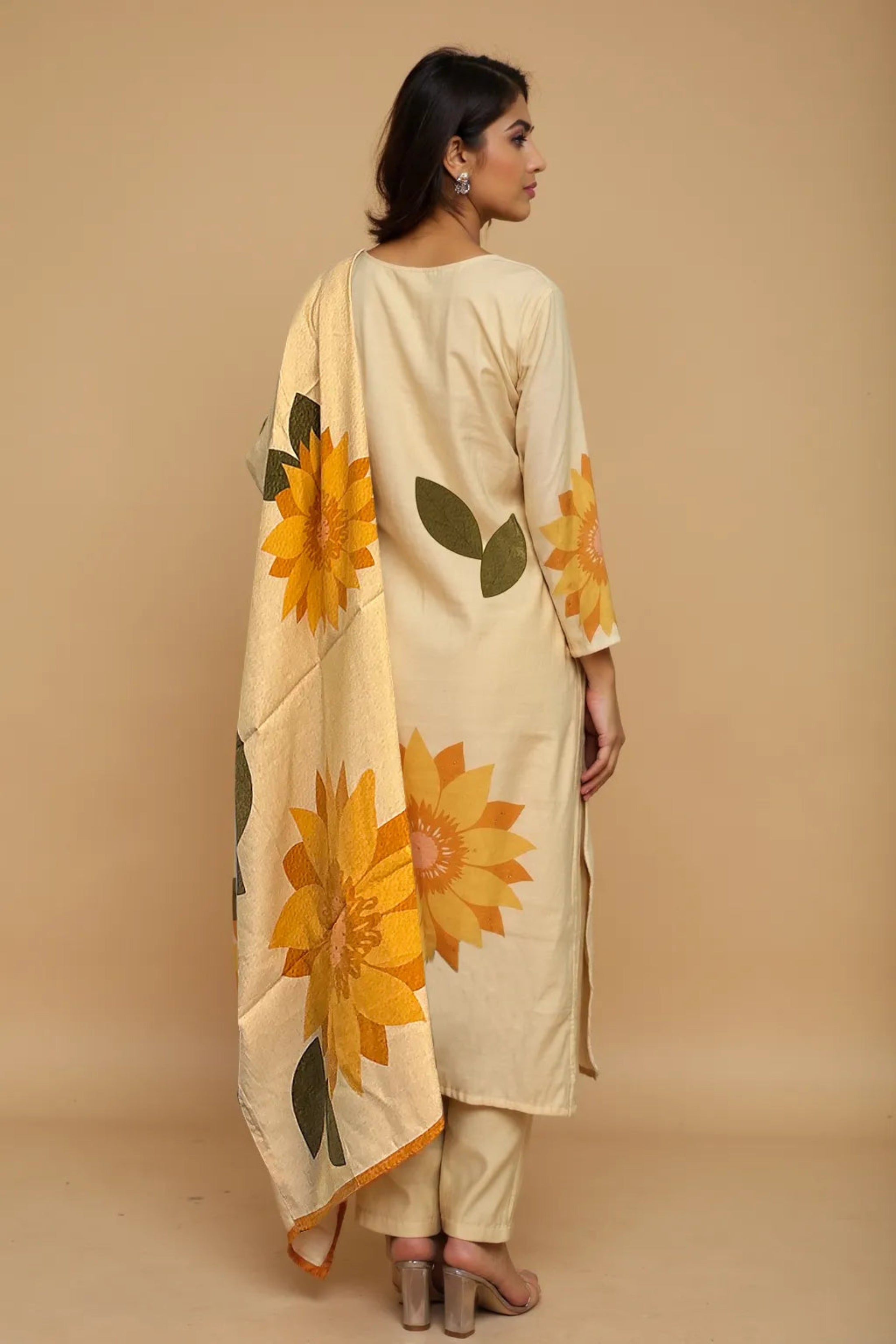 trueBrowns Beige Sunflower Print Kurta Pant Dupatta Set