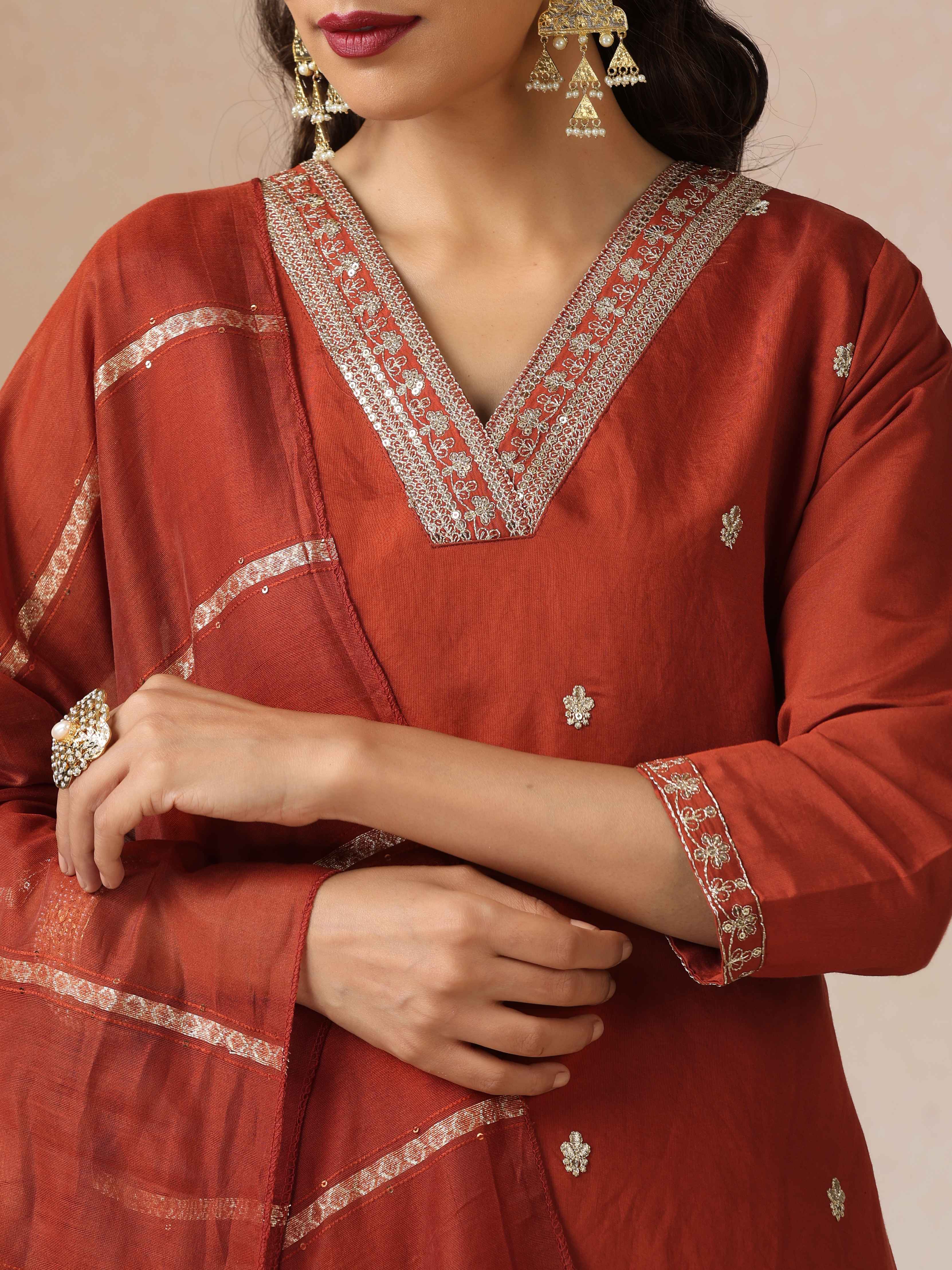 trueBrowns Rust Zari Embroidered Straight Kurta 3pc Set