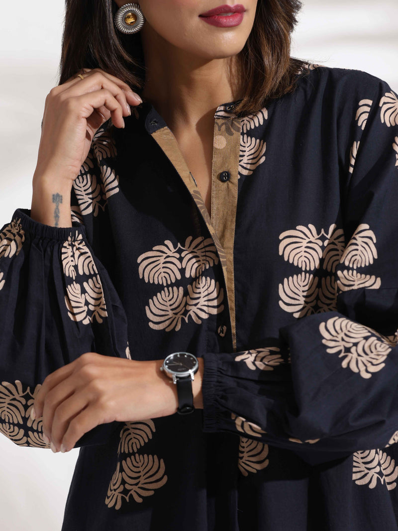 trueBrowns Black Cotton Print Short Dress