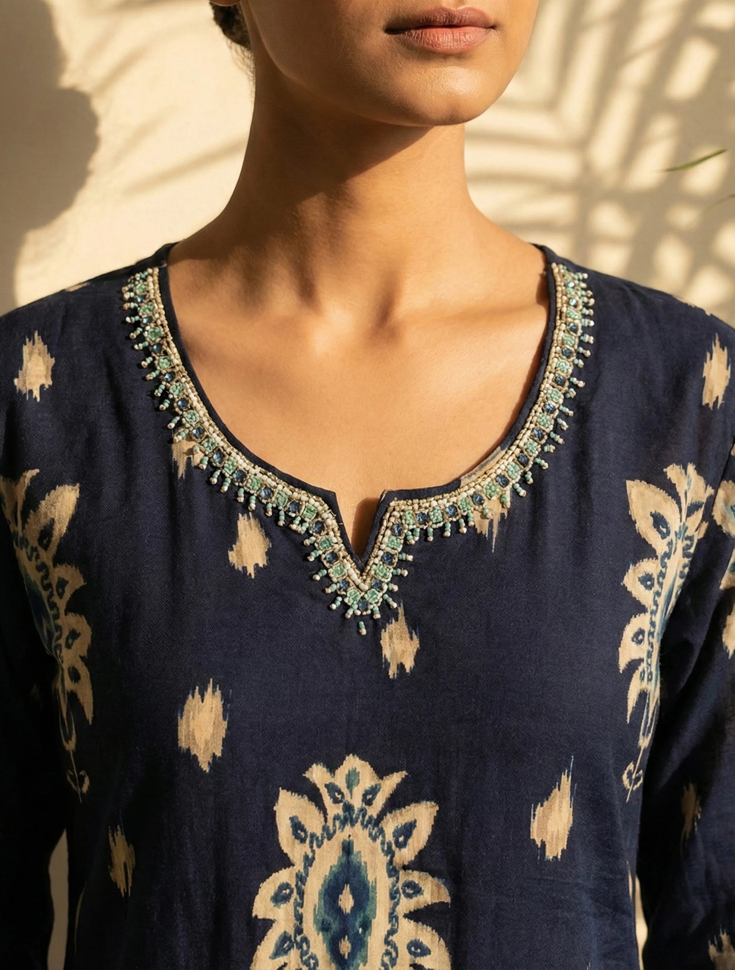 trueBrowns Blue Print Embroidered Round With V-Neck Kurta Pant Dupatta Set