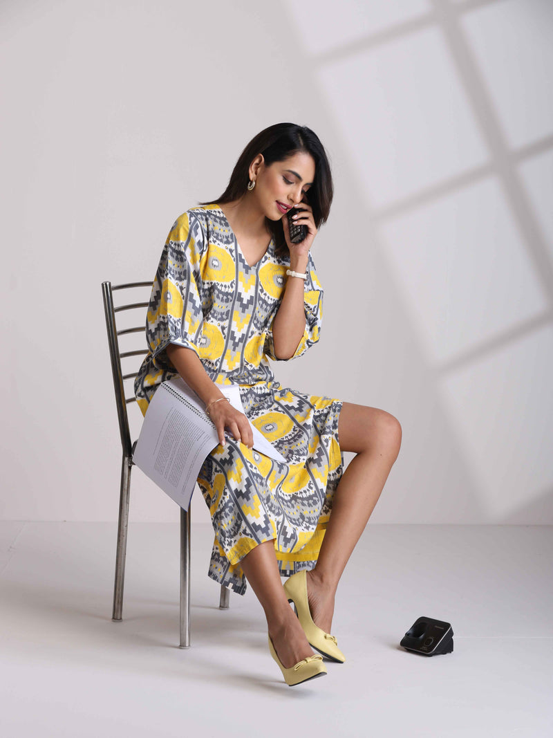 trueBrowns Yellow Cotton Ikat Slit Dress