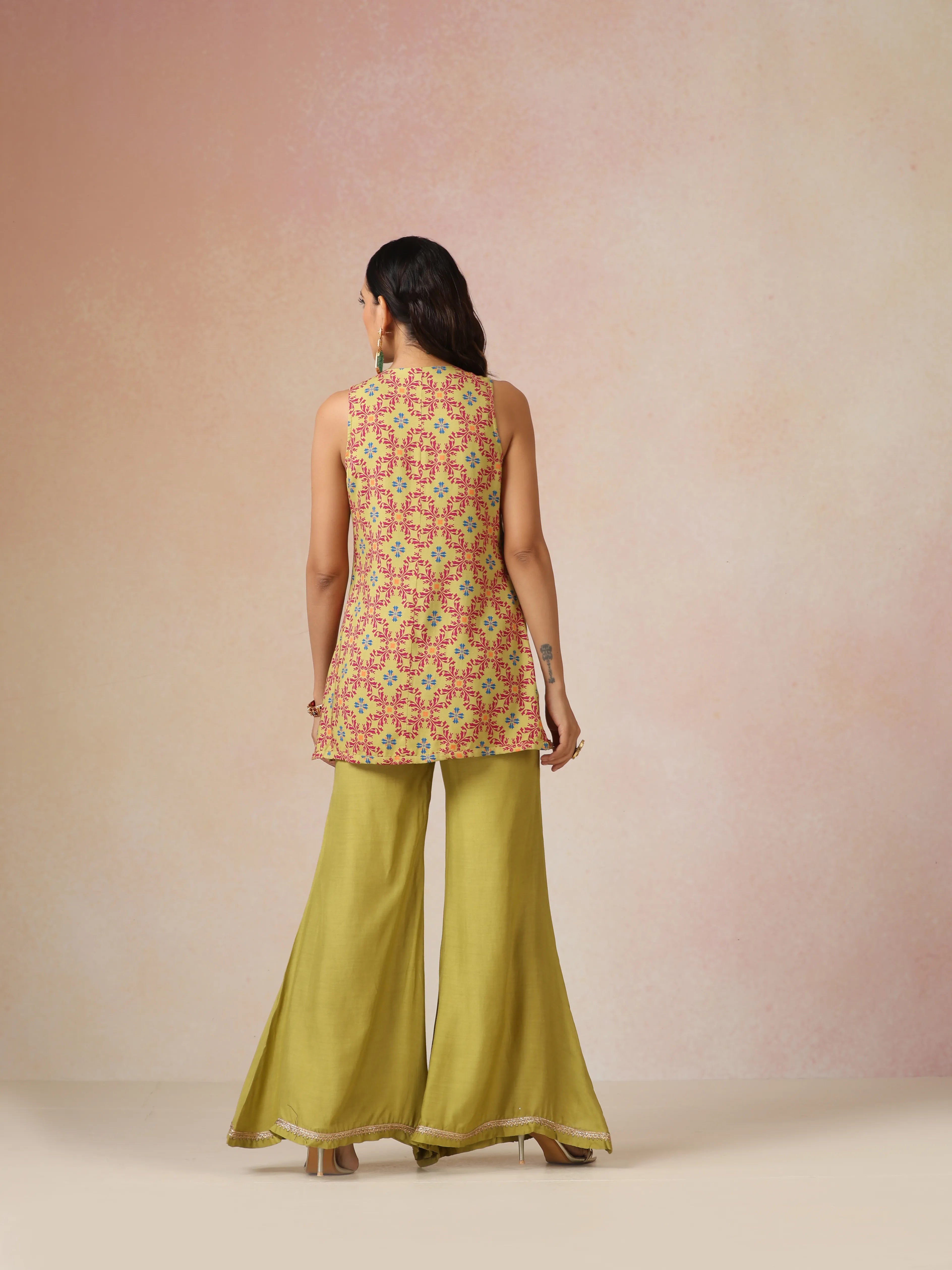 trueBrowns Light Green Pink Jaal Print Viscose Jacket and Flared Pants Co-ord Set