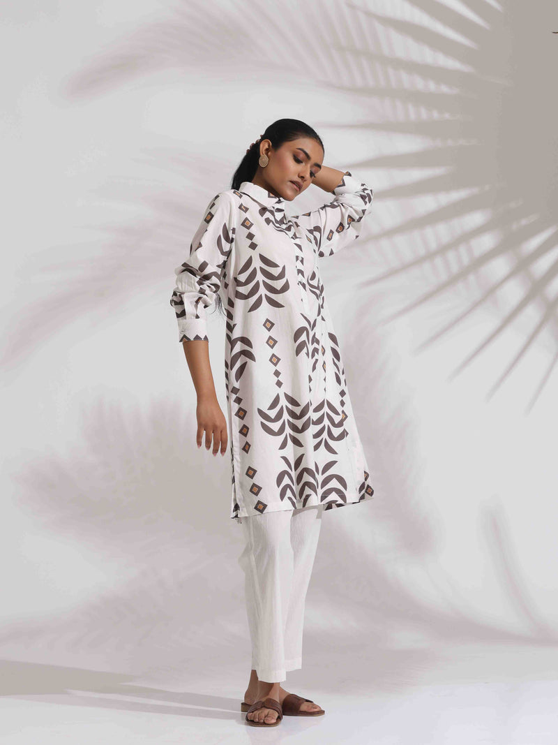 trueBrowns White Cotton Stripe Print Kurta Co-ord Set