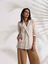 trueBrowns Beige Cotton Stripe Jacket Top Co-ord Set