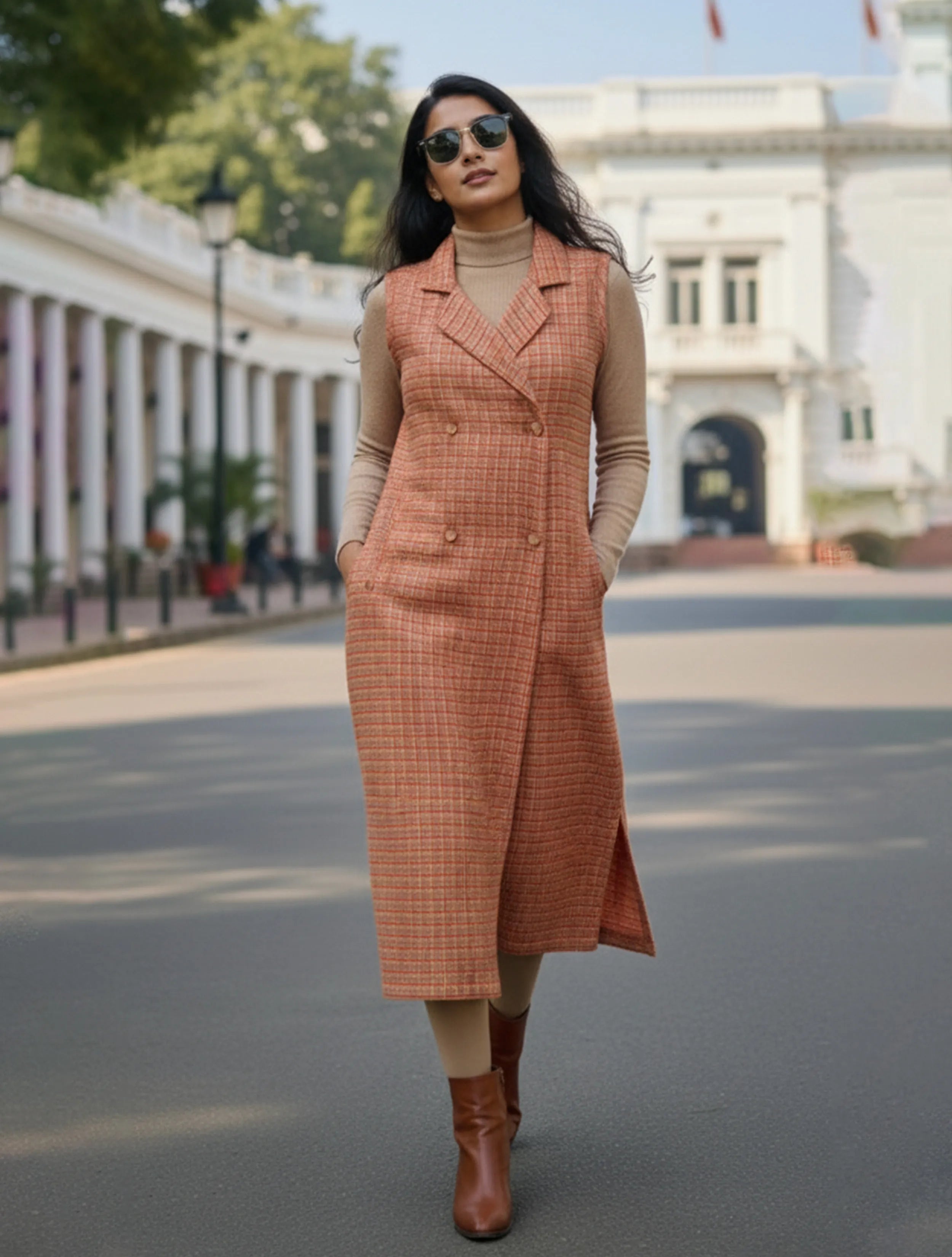 trueBrowns Rust Check Woollen Blazer Dress