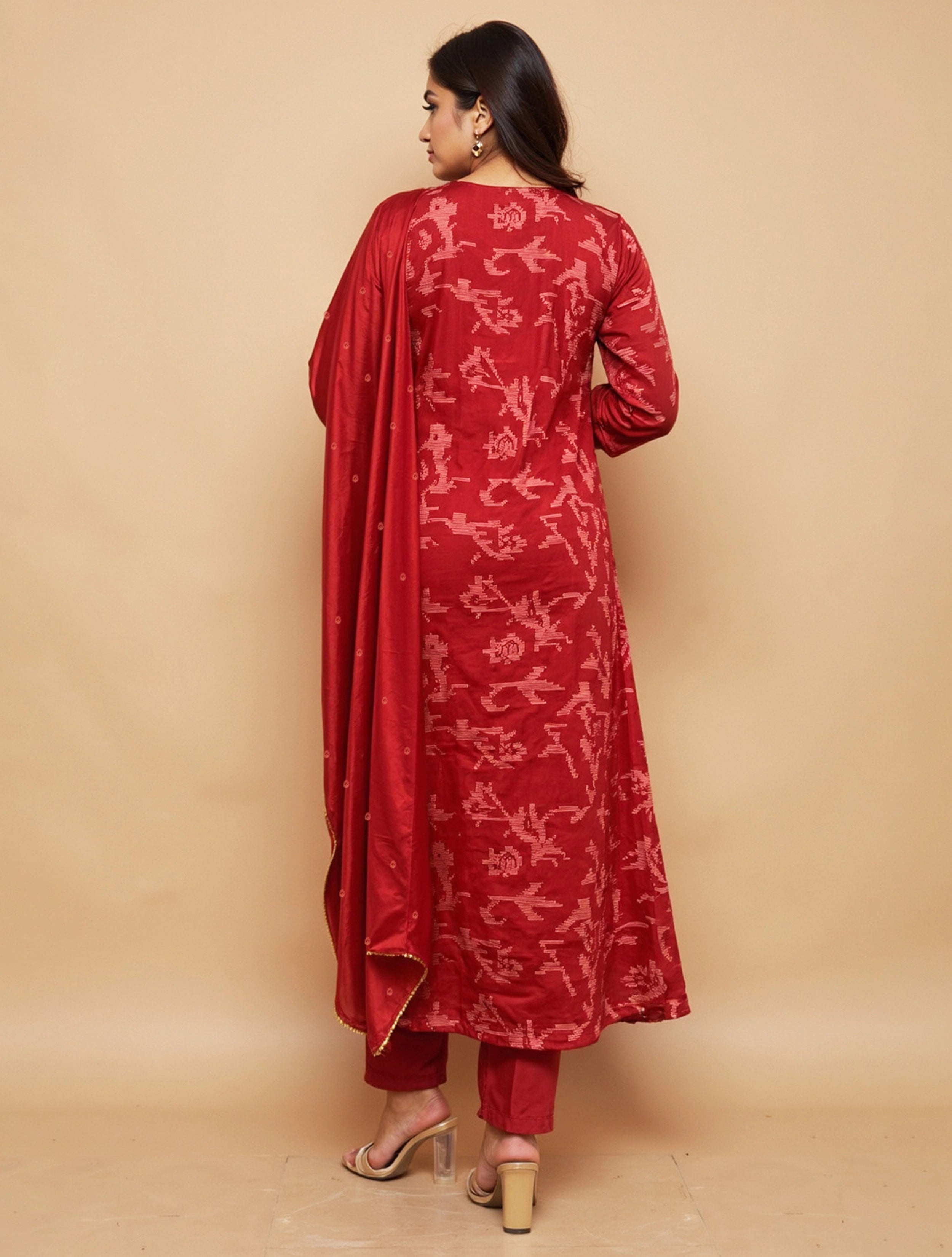 trueBrowns Red Printed A-Line Kurta Pant Dupatta Set
