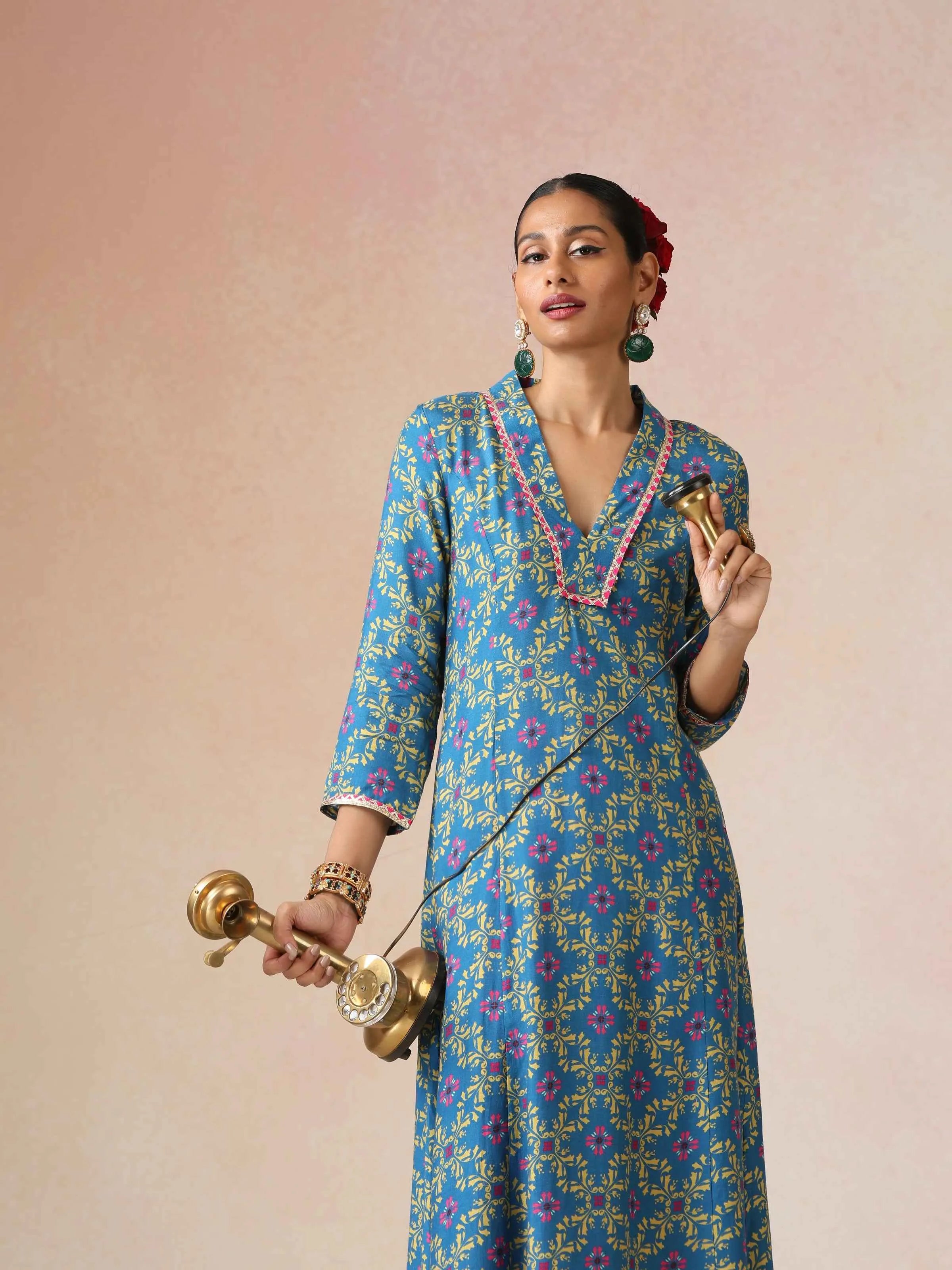 trueBrowns Blue Lime Jaal Print Viscose A-line Kurta Set