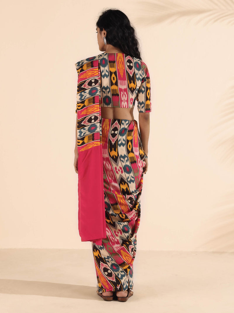 trueBrowns Cola Pink Muslin Ikat Saree