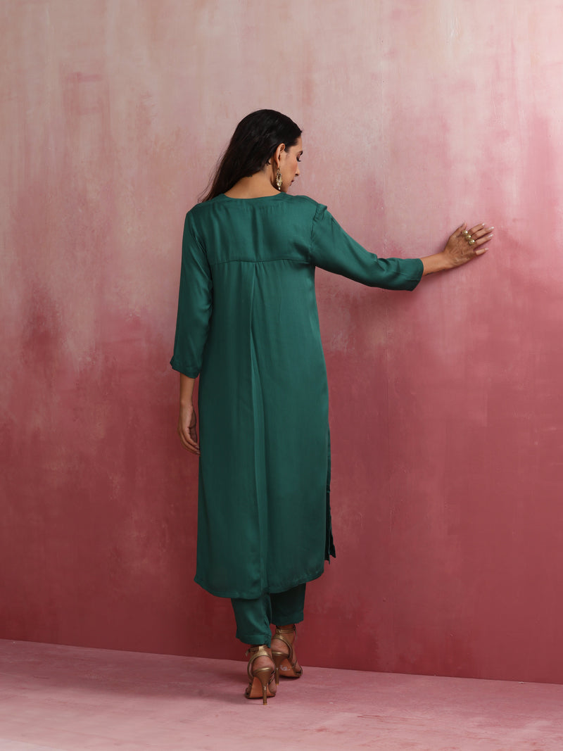 trueBrowns Green Modal Pleated Kurta Set